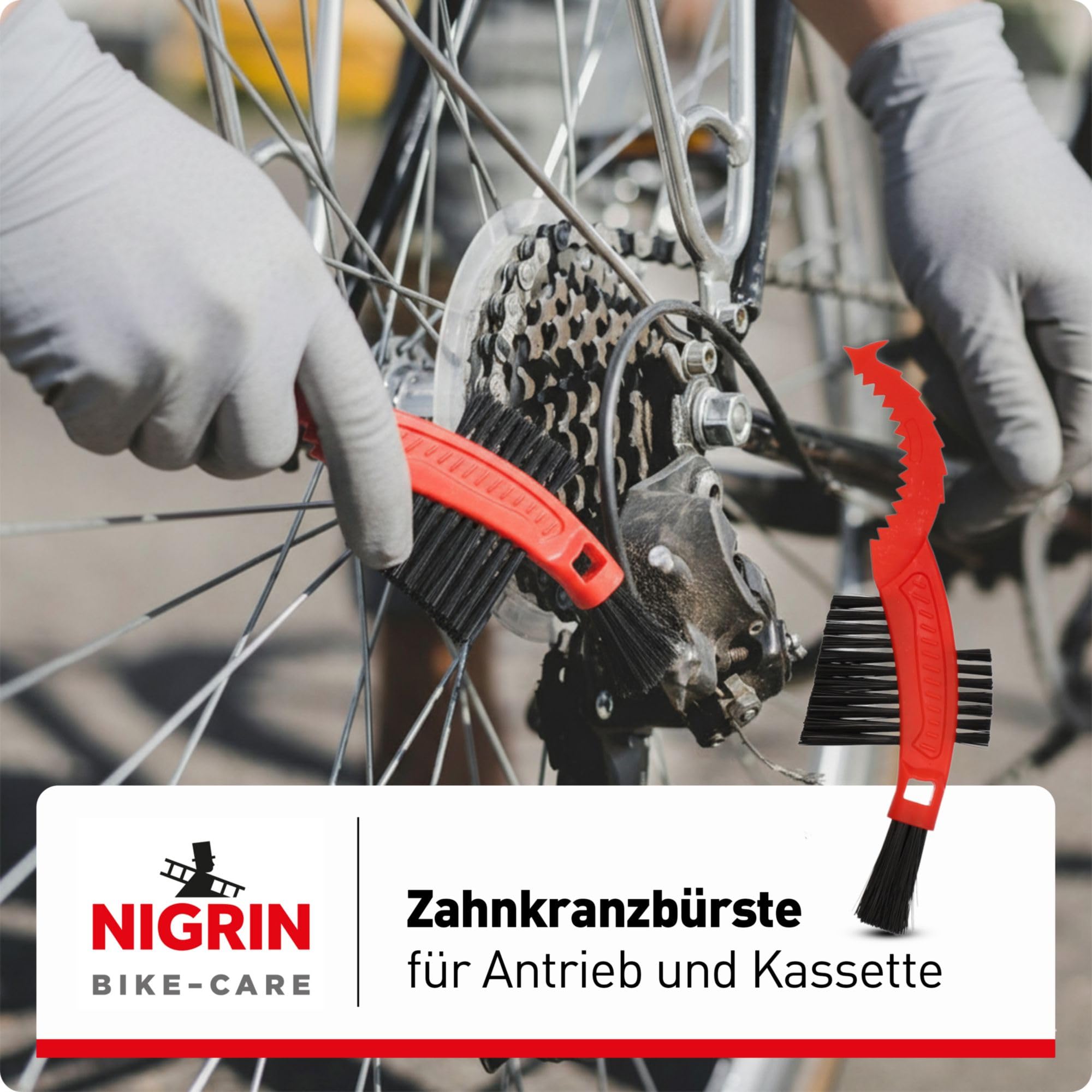 NIGRIN Bike Care zestaw szczotek do czyszczenia rowerów, duża szczotka do czyszczenia powierzchni, szczotka do felg, szprych, kół jezdnych i piast, szczotka do wieńców zębatych do zębatek