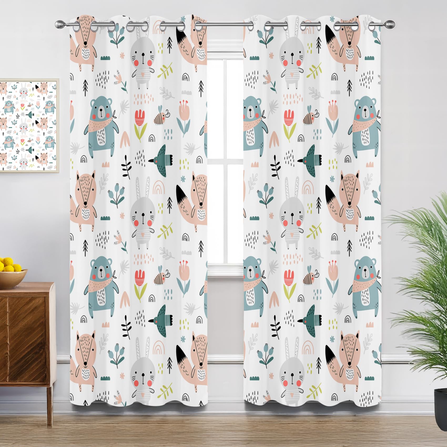 Mistela Cartoon Curtains for Bedroom, Woodland Animal Kids Blackout Thermal Insulated Eyelet Curtains for Living Room, W66 X D72, 2 Panels Drapes Room Decor