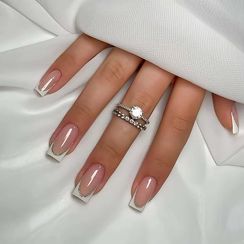 French Tip Press on Nails, Nude Square Glossy Fake Nails with White Silver Edge 