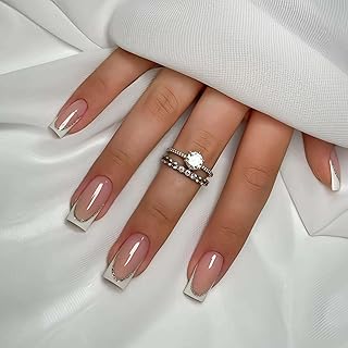 French Medium Press on Nails Nude Gloss Fake Nails Finger Tip with White Border Designs Full Cover Glue on Nails Reusable Artificial Stick on Nails for Women 24 Pcs