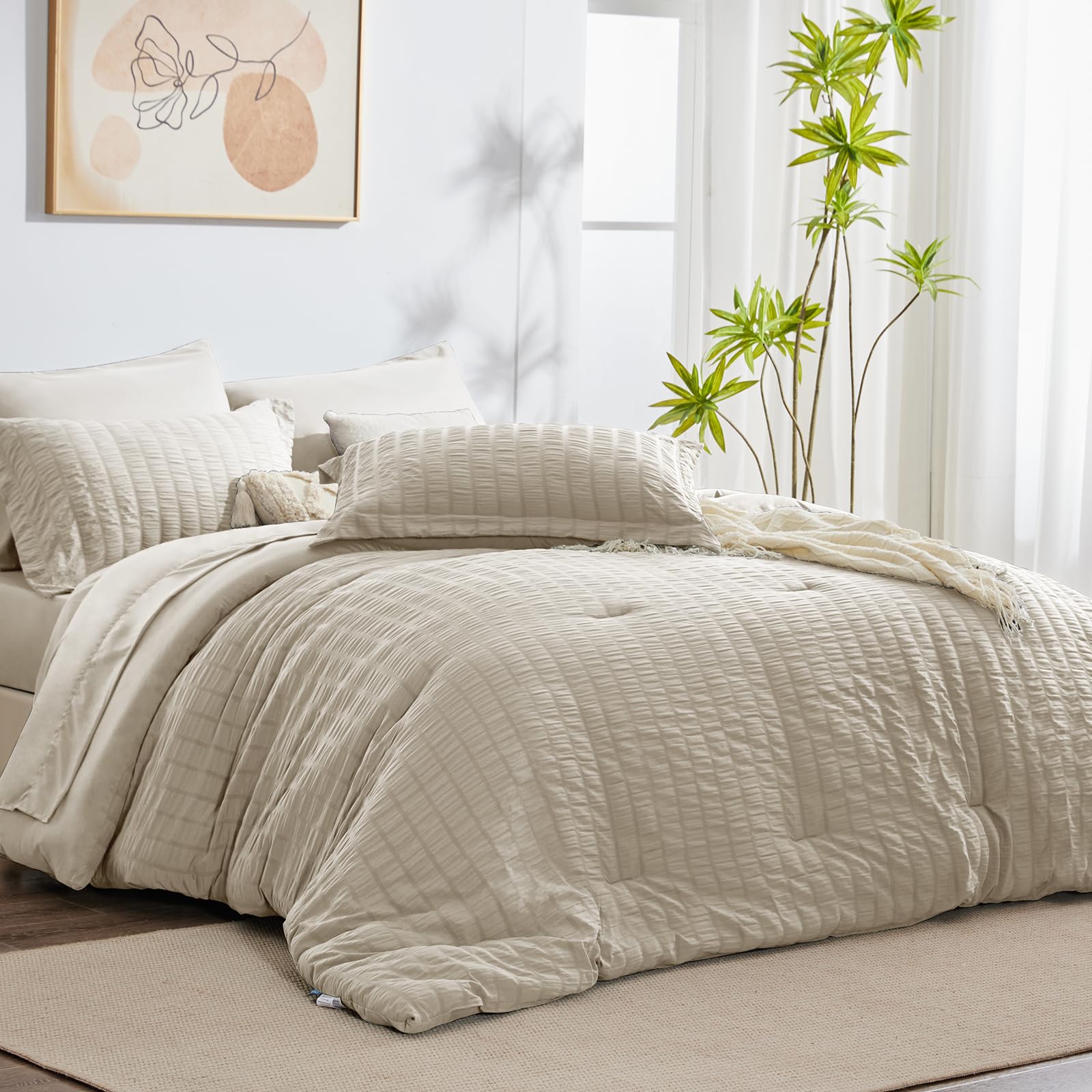 cozylux queen seersucker comforter set with sheets oatmeal bed in a bag 7-pieces all season bedding sets with comforter, pillow sham, flat sheet, fitted sheet, pillowcase