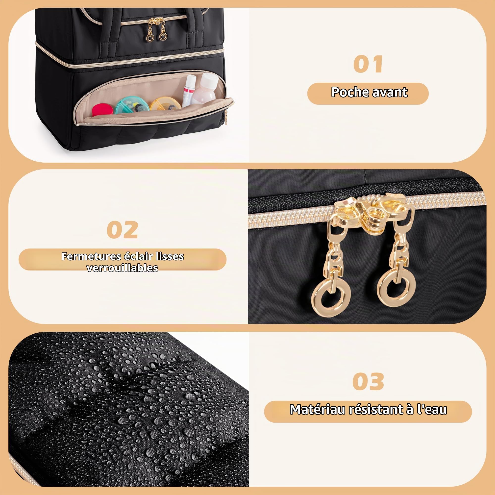 Damero Sac Médical, étui de Rangement pour Flacons de Médicaments Double Couche, Organisateur Verrouillable avec Séparateurs Amovibles pour Médicaments ou Suppléments Médicaux, Noir