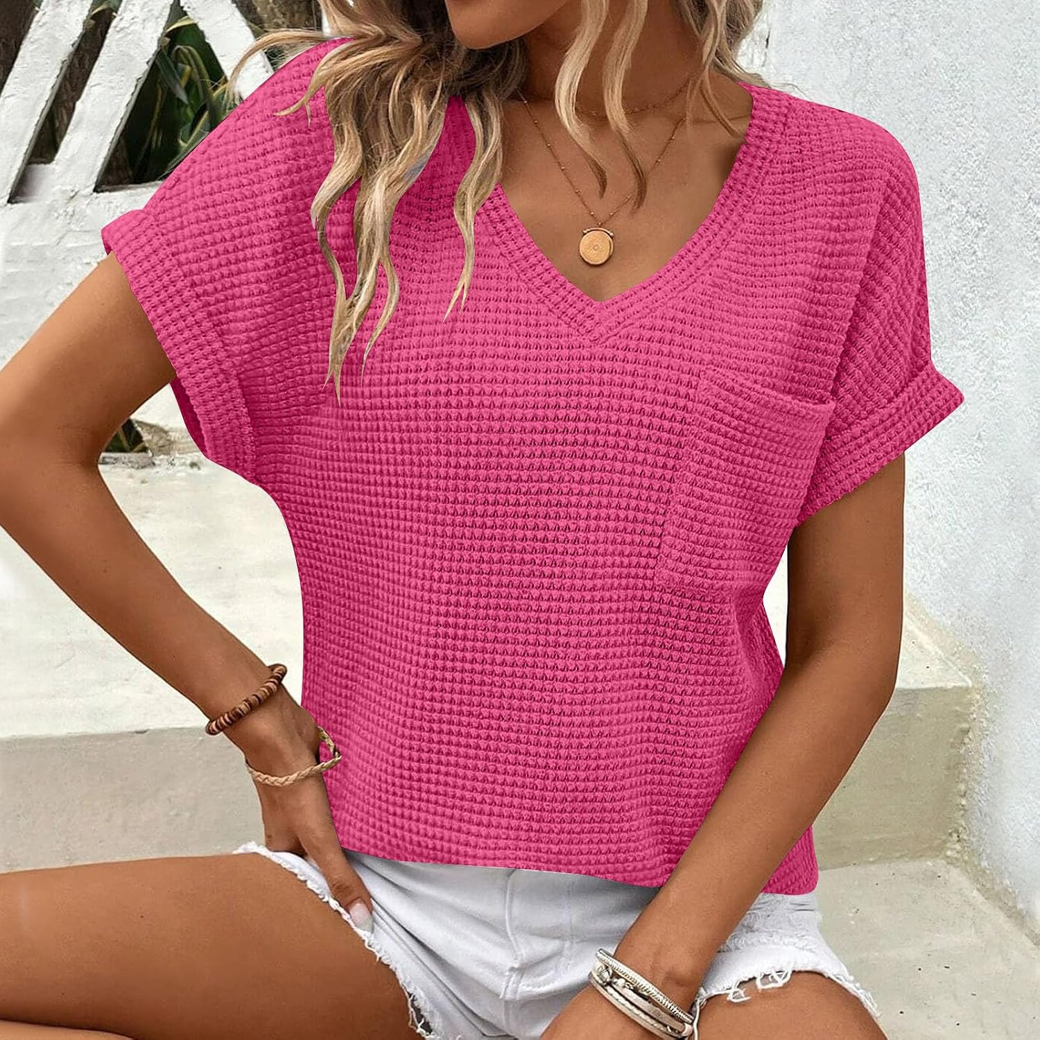 Womens Waffle Knit Tops 2026 Spring Summer V Neck Shirts Casual Trendy Women's Blouses Basic Tees Comfy T-Shirts