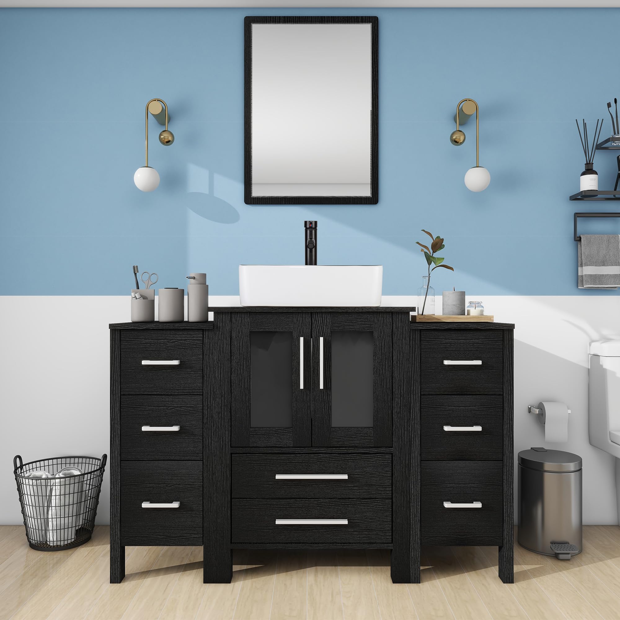 UEV 48" Black Bathroom Vanity with Sink Combo,2 Bathroom Storage Side Cabinets,Modern Bathroom Vanity Vessel Sink Combo,ORB Faucet and Drain Parts
