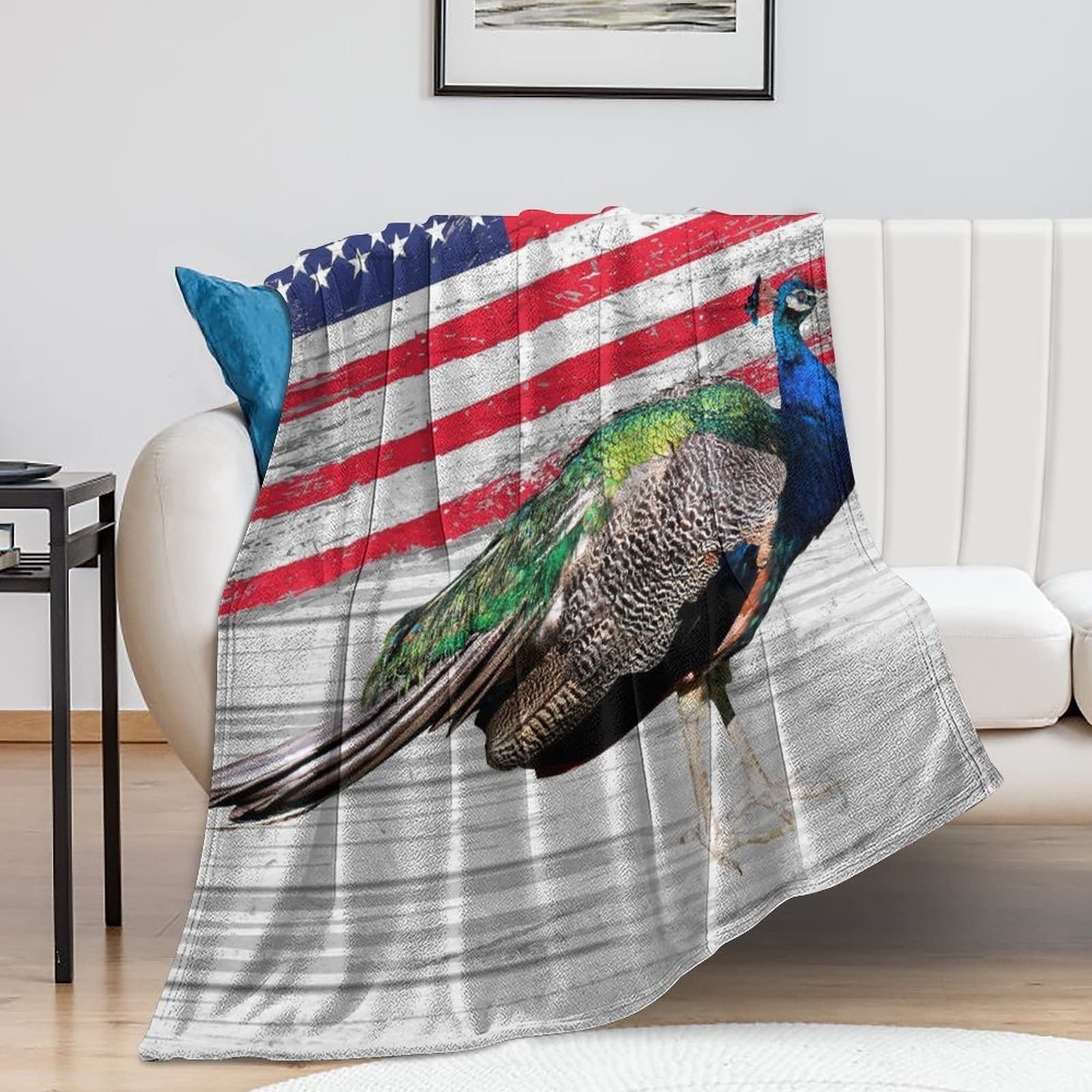 Couverture de voyage paon 152x203 cm légère et réversible pour canapé