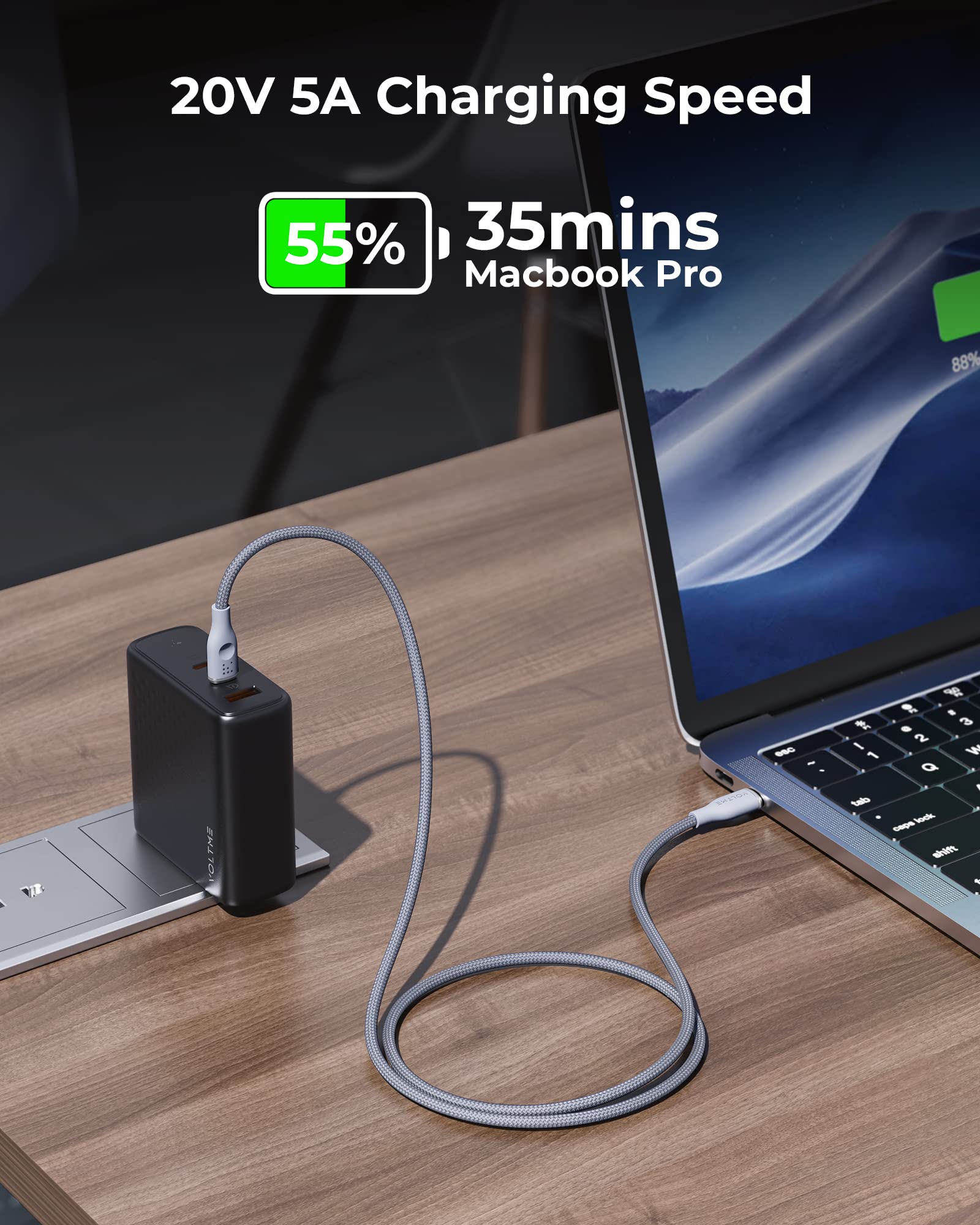 VOLTME Set di 2 Cavo USB C a USB C PD 5A 100W Nylon Intrecciato 1.0m, RUGG USB-C Tipo C Cavo di Rapida Compatibile con MacBook, MateBook pro, Pixel 7/6 Pro/5/4XL, iPad Pro, Galaxy, ecc. (grigio)