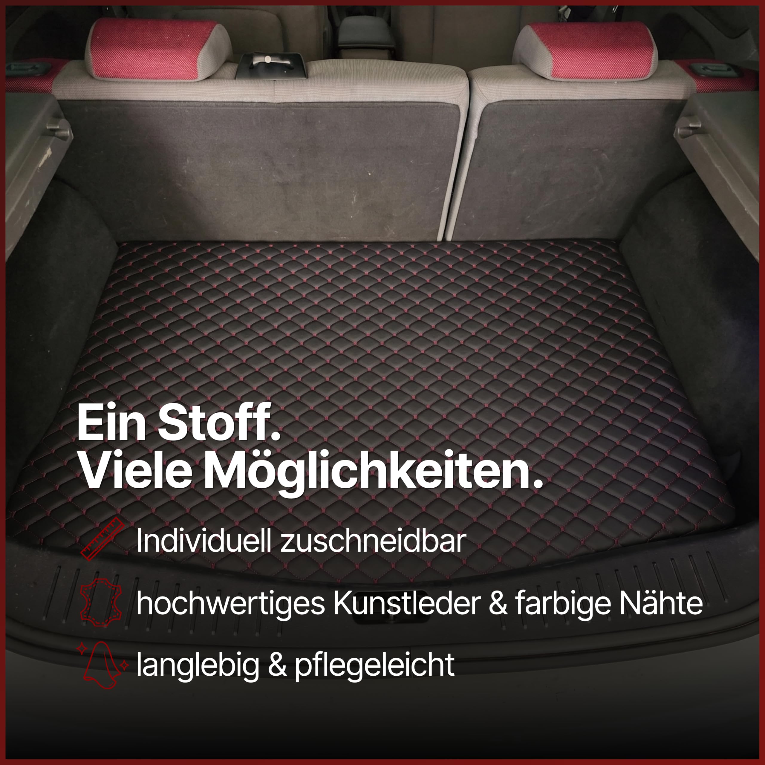 Kunstleder Meterware Leder Polsterstoff gesteppt Stoff Möbelstoff Bezugsstoff Lederstoff Polsterbezug 100cm x 140cm (schwarz mit roten Nähten)