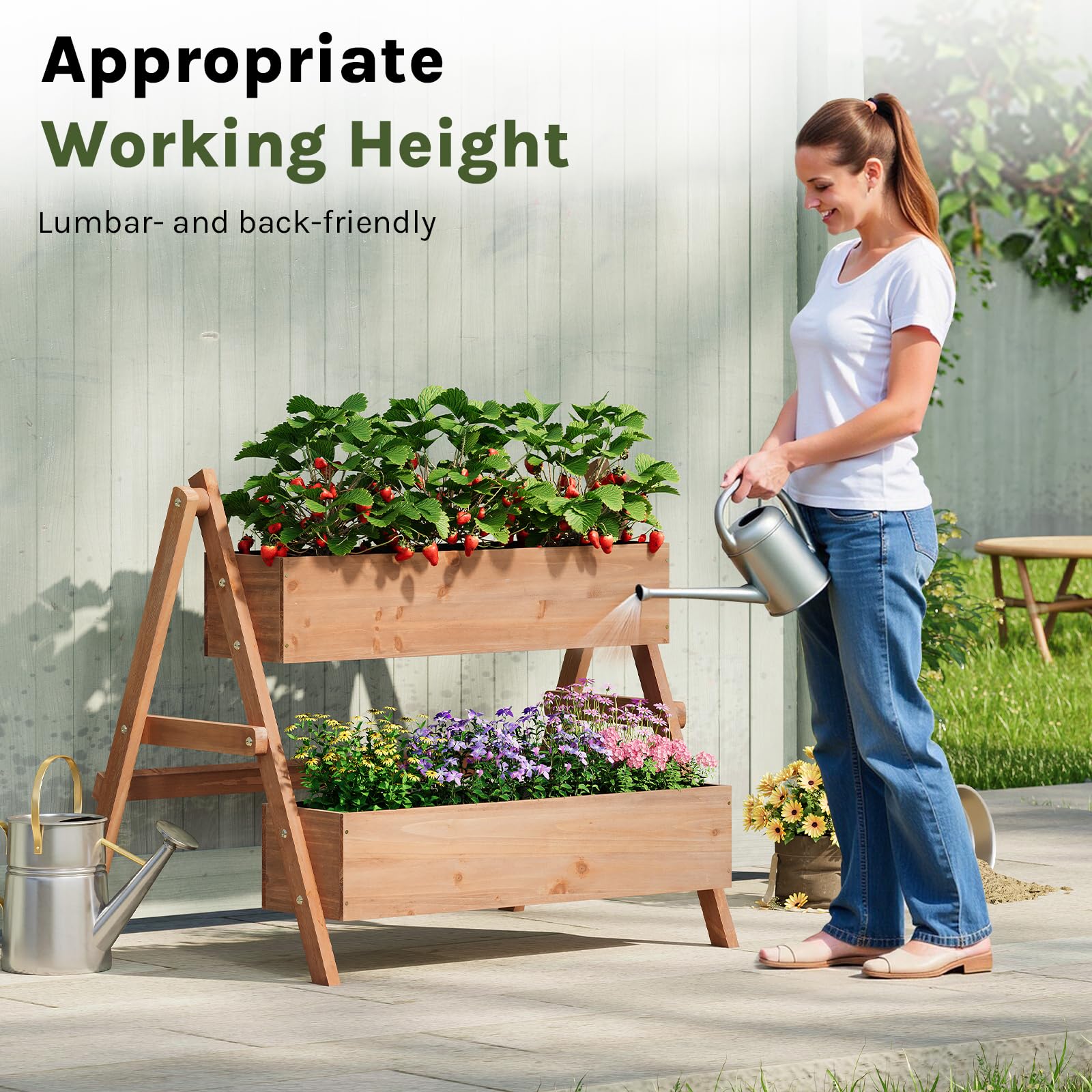 WOLTU Jardinière Surélevée, Étagère Escalier pour Plantes à 2/3 Niveaux avec Boîtes à Fleurs, pour Terrasse Balcon Jardin Intérieur Extérieur, 80x62x68 cm, en Bois, Marron