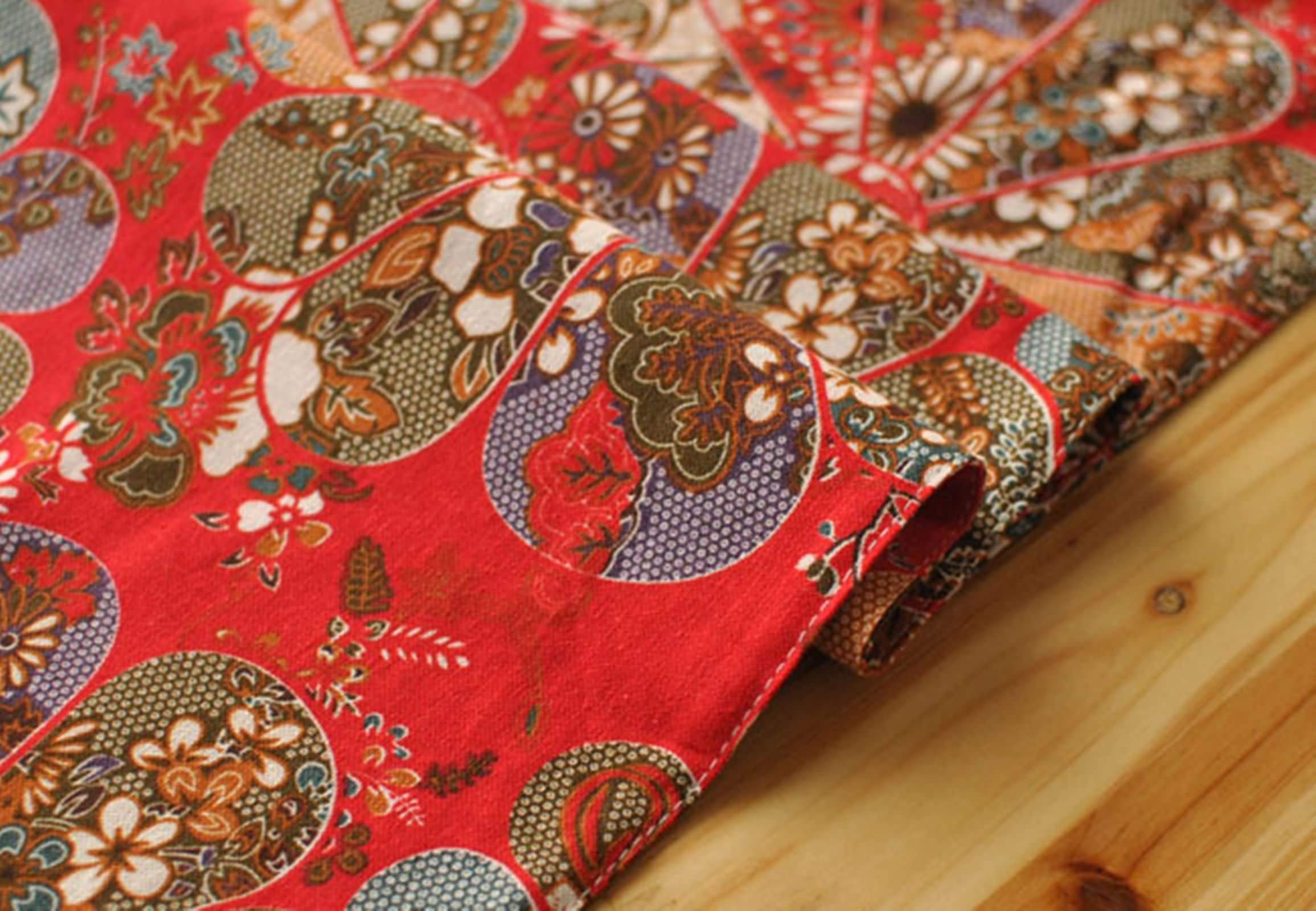 Runner Tavola Lino Cotone, Runner Tavola Rosso Modello a Ventaglio Vintage Runner Da Cucina, 30x200CM