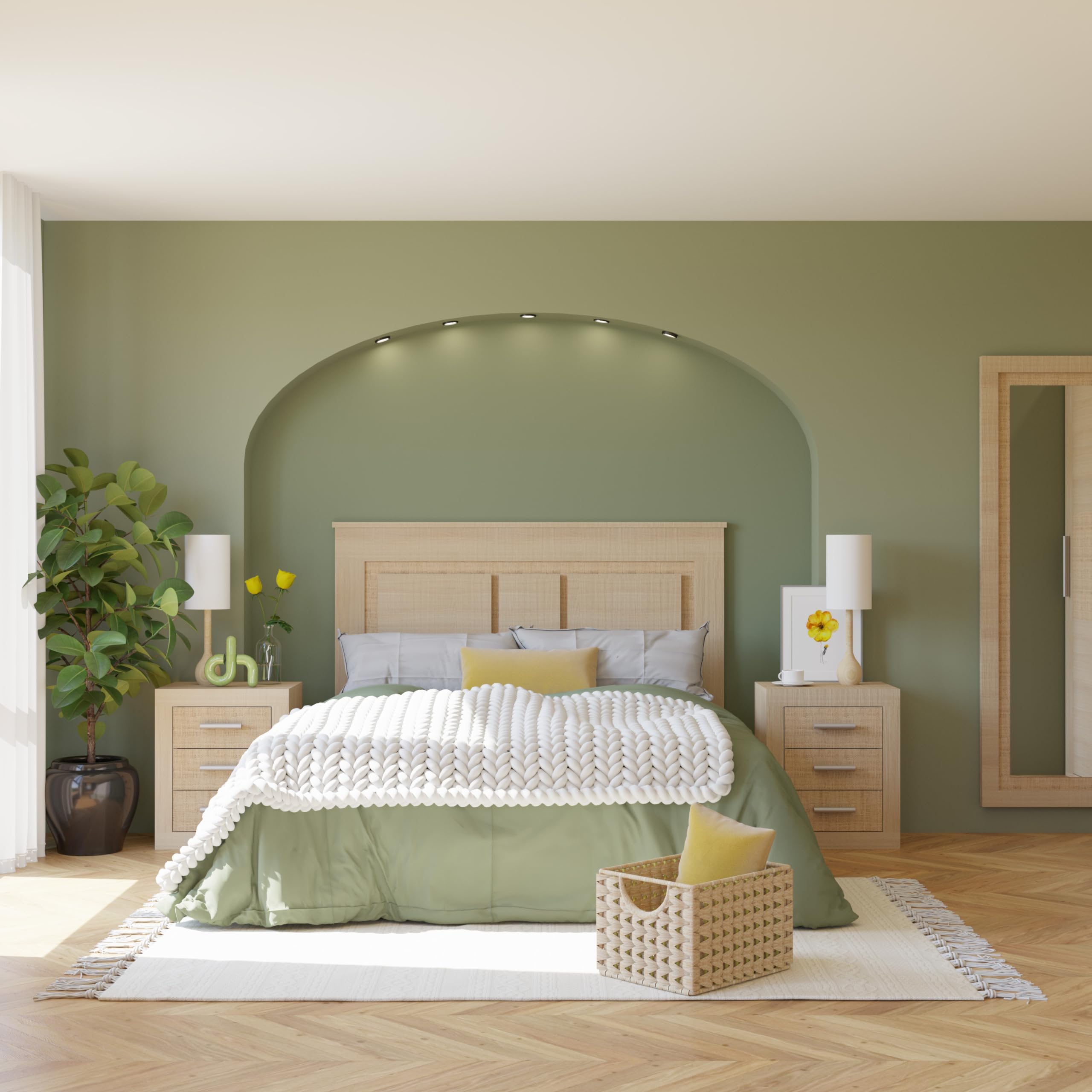duehome | Mesita de Noche, Mesilla de Dormitorio, Modelo Kira, Acabado en Color Tofe y Textil, Medidas: 50 cm (Largo) x 34,6 cm (Fondo) x 60 cm (Alto)