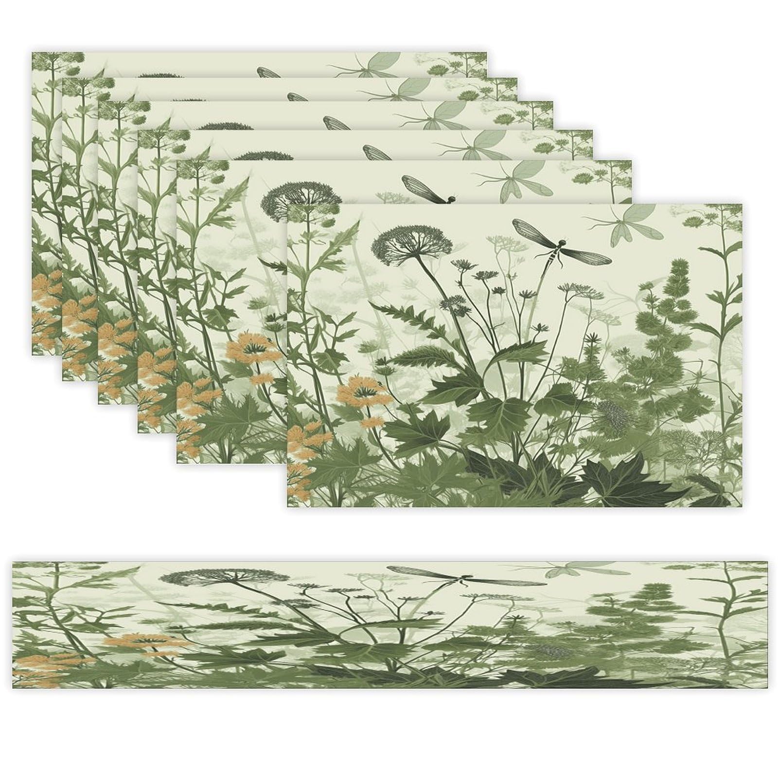 Foliage and Herbs with Dragonflies Winged Placemats Set of 7 Exquisite Linen Table Mat Seven Piece Set Includes 13"x71" Fashion Table Runner and 12"x18" Place Mat Decor for Kitchen Dining Room