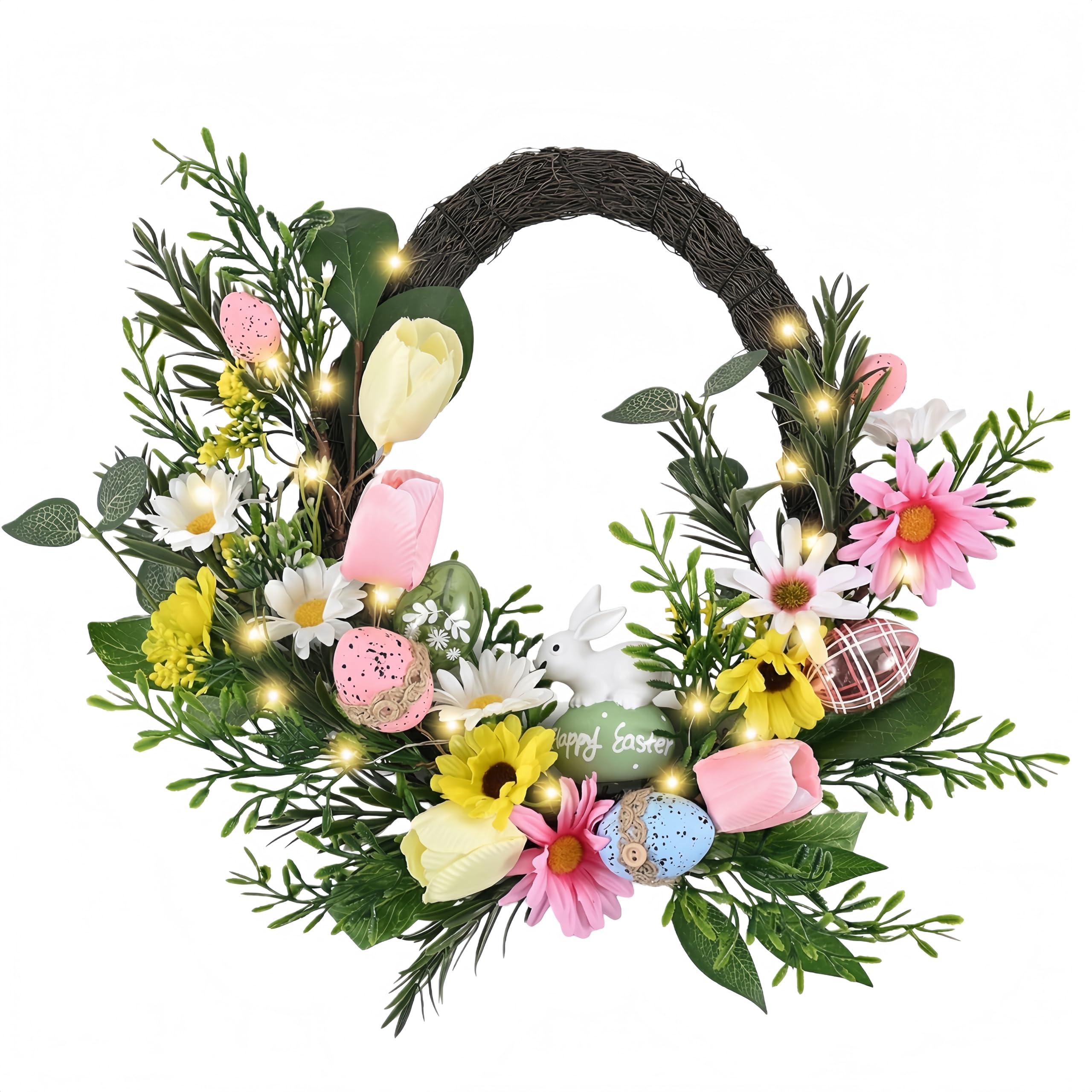 Valery Madelyn Couronne de lapin de Pâques avec œufs pastel, couronne de printemps artificielle pour maison, intérieur, extérieur, fenêtre, mur, vacances, décoration de fête - 40,6 cm