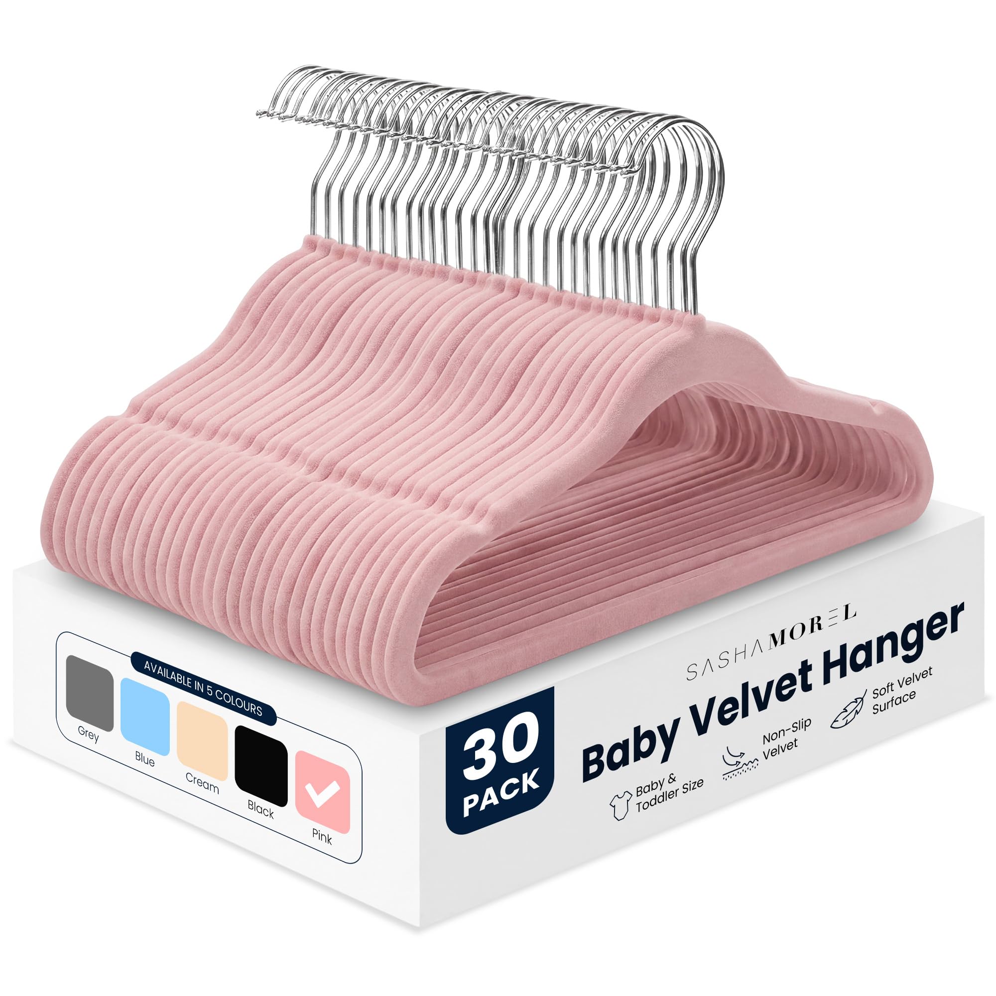 Sasha Morel Baby Velvet Hangers for Clothes 30 Pack - Non-Slip, Pink