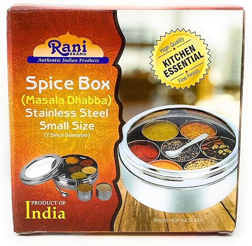 Miniatura 6 de Rani - Caja de especias de acero inoxidable transparente para almacenamiento redondo para especias (Masala Dabba), 7 compartimentos, con cuchara