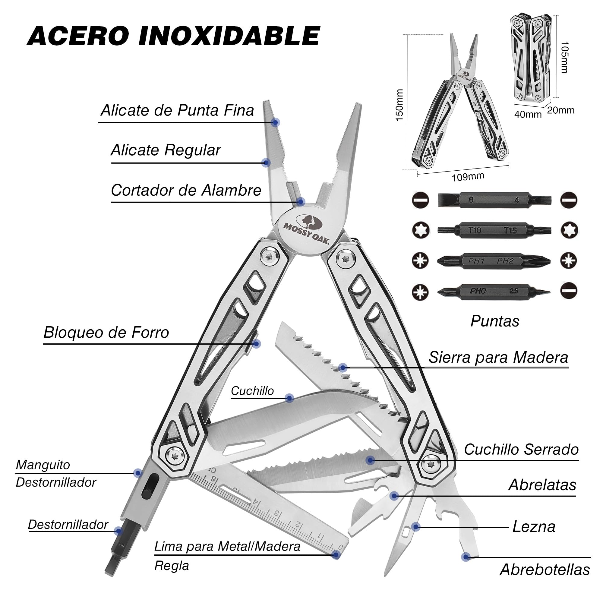 Mossy Oak Alicates Multiusos, Multiherramienta de Alicates 21 en 1, Navaja Multiusos, Herramienta Multiusos con Cuchillo, Destornillador para Camping, Reparación, Senderismo, Incluye Bolsa Portátil