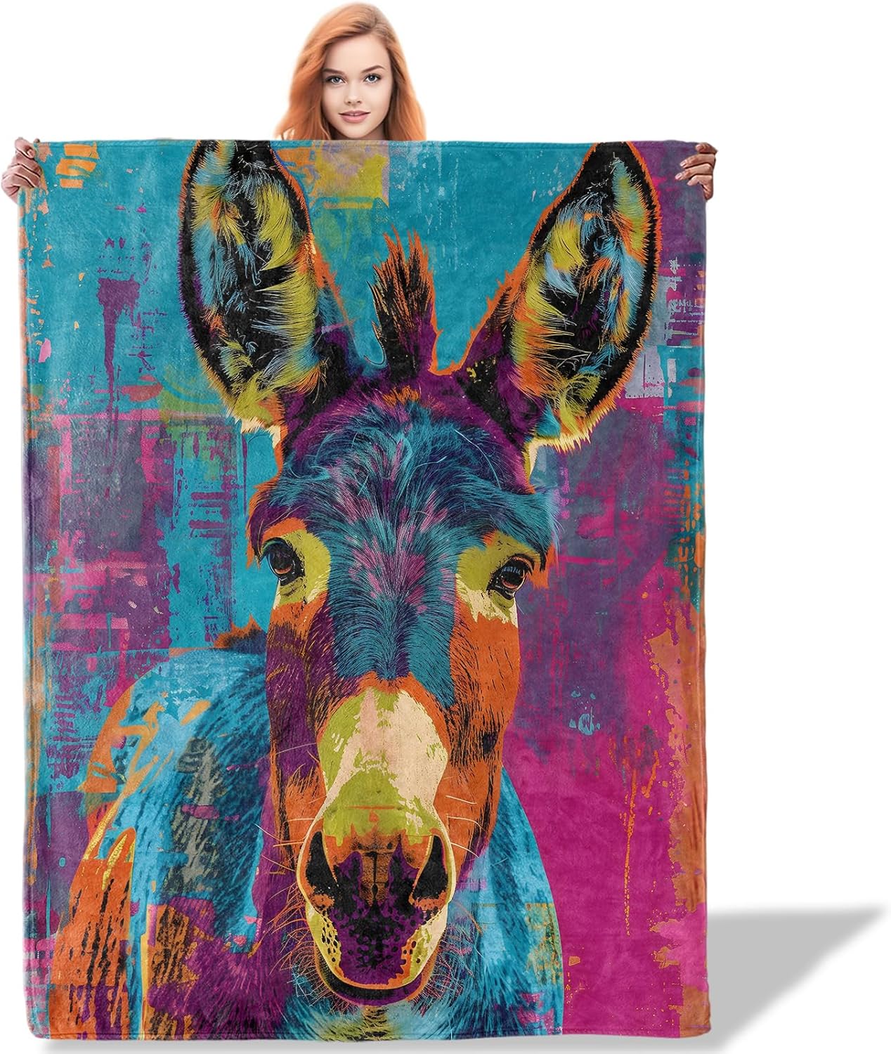 Colorful Donkey Art Throw Blanket 50"x60", Animal Lover Blankets for Couch Bed Decor, Soft Flannel Polyester Donkey Gifts for Adults Kids