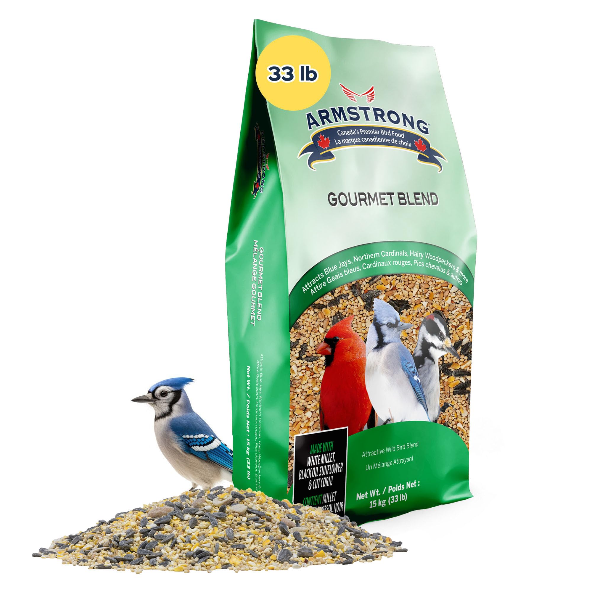 Armstrong Bird Food Gourmet Blend, 33 Pounds - with White & Red Millet, Cut Corn, Wheat, Black Oil Sunflower, Striped Sunflower, Peanuts & Safflower for Blue Jays and Northern Cardinals