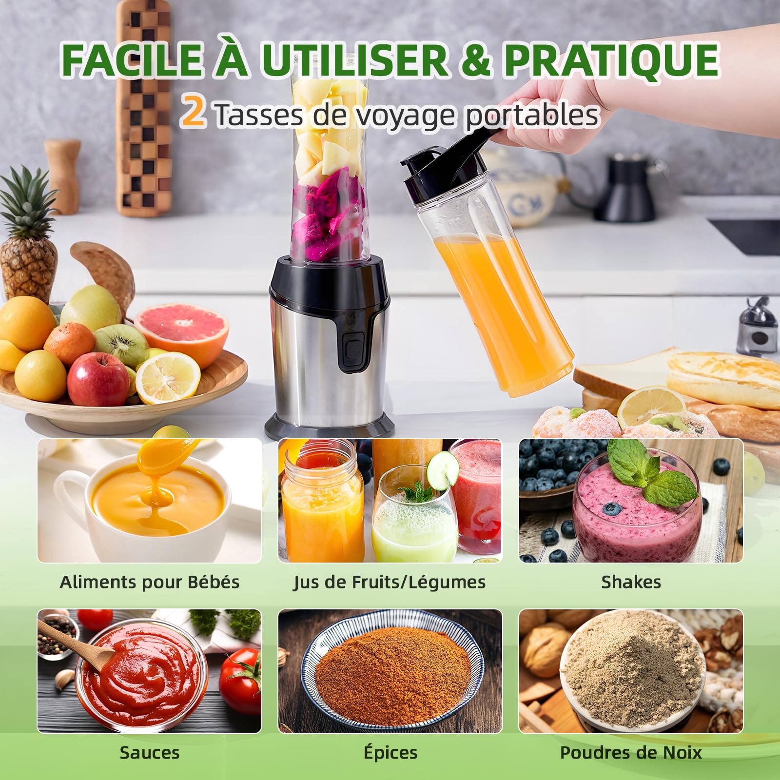 Blender Smoothie Portable Carehabi, Mini Mixeur avec 2 Bouteilles 600ml (Sans BPA), Moteur 300W Inox & 4 Lames pour Shakes, Smoothies, Glace - Argent