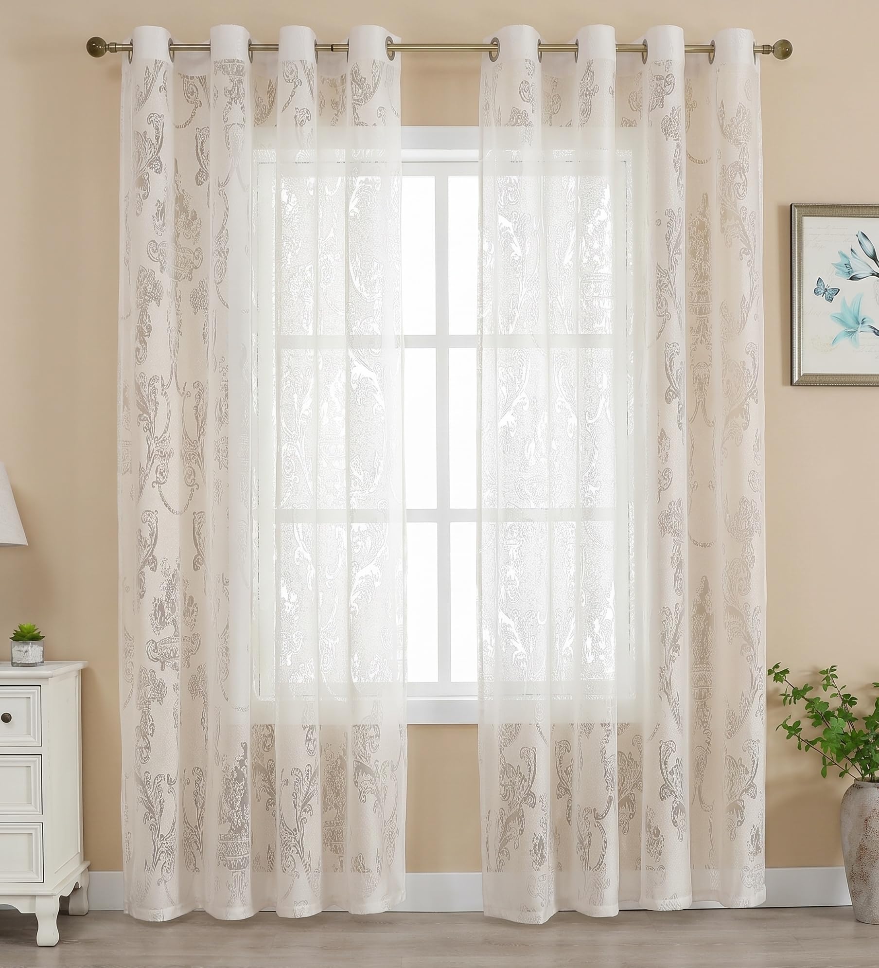 Cream Floral Jacquard Voile Curtains - Vintage Damask Eyelet Net Curtains, Semi Sheer Light Filtering Drapes for Living Room & Bedroom, French Shabby Chic Elegance (2 Panels)-W55 x L79 inch