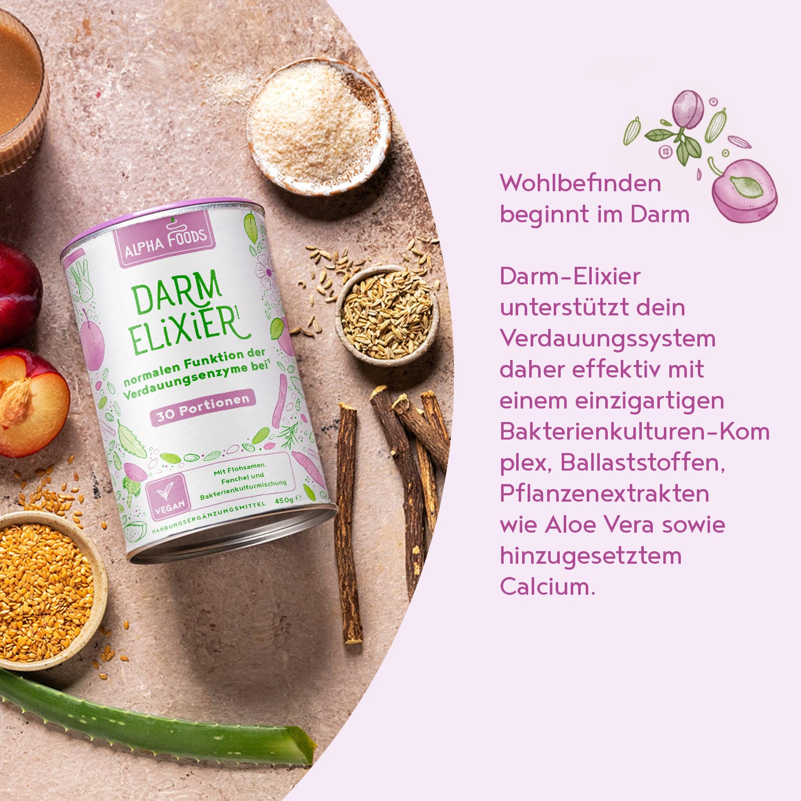 Darm-Elixier 2.0 | 450g Daily Gut Pulver | Darmkur mit Ballaststoffe & zur Unterstützung der Darmflora Aufbau | 750 Mrd KBE, Flohsamenschalen & Inulin zur Darmgesundheit | Ohne Aromen | Alpha Foods