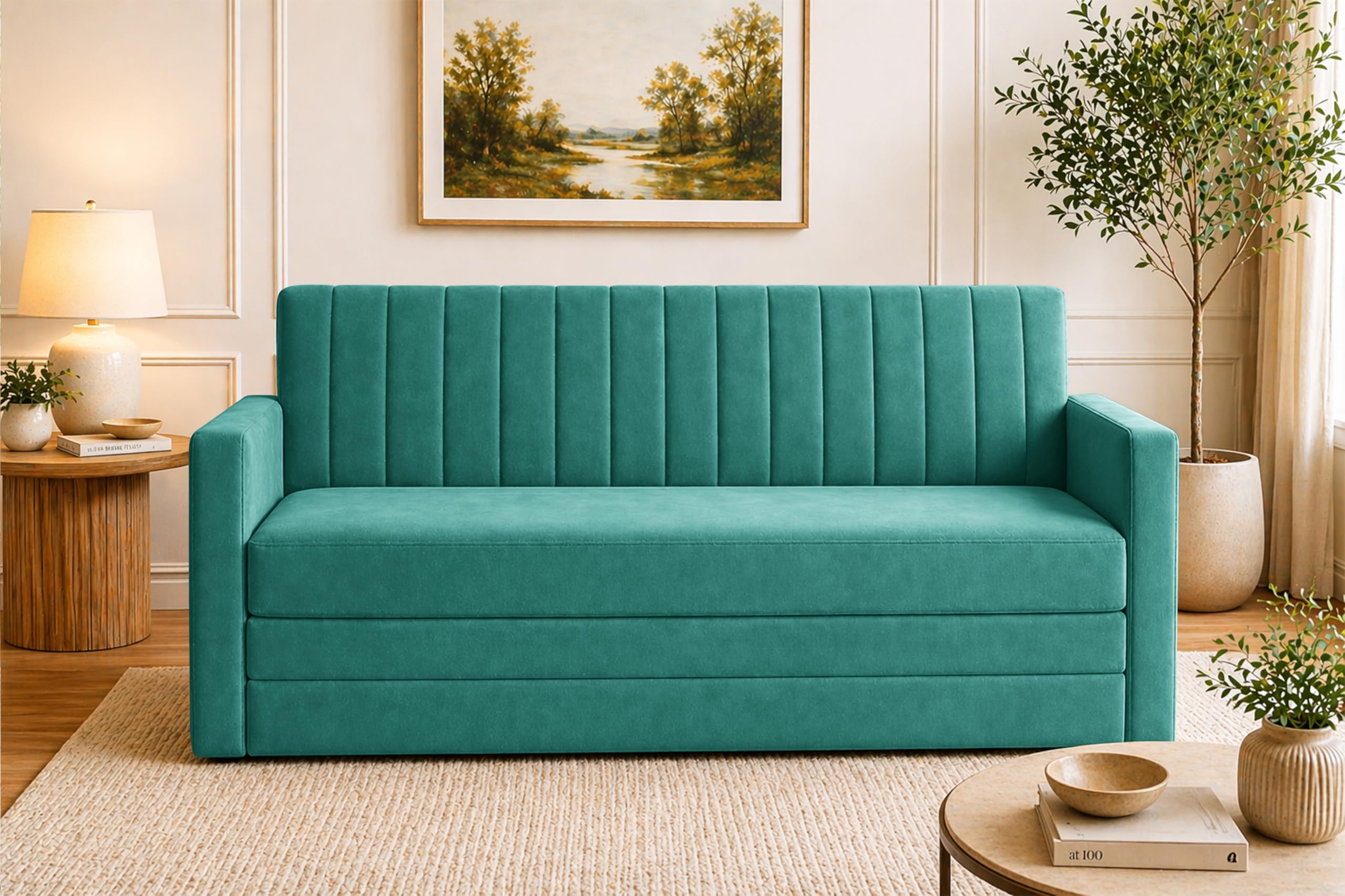 Modern 3-Seater Foldable Sofa Cum Bed, Velvet Fabric Sleeper Couch with Armrest, Space-Saving Pull-Out Couch for Living Room, Apartment & Guest Room-Green-image-19