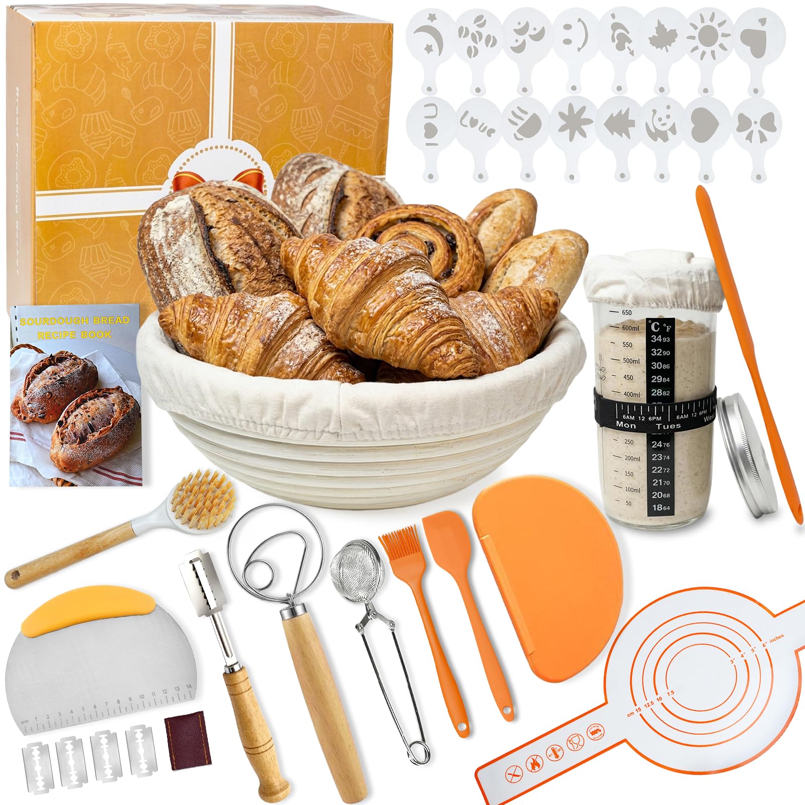 Banneton Pour Pain, Kit Boulangerie Levain, Corbeille a Pain en Rotin Naturel, Kit boulangerie avec Lame Boulanger, Panier Fermentation Pain set Adapté aux DéButants et Professionnels