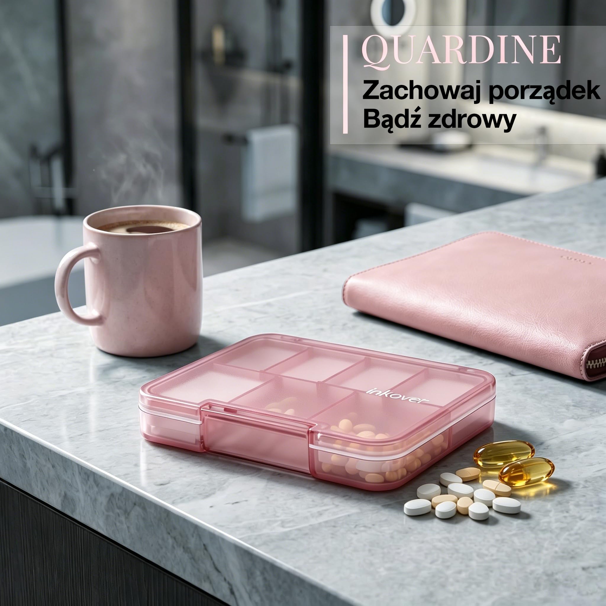 Ultra Cienki Organizer na Tabletki QUARDINE, Etui do Torebki z Wyjmowanymi Przegrodami i Silikonową Uszczelką Chroniącą Przed Wilgocią, Przenośna Podróżna Pudełko na Leki z 7 Komorami (Różowy)