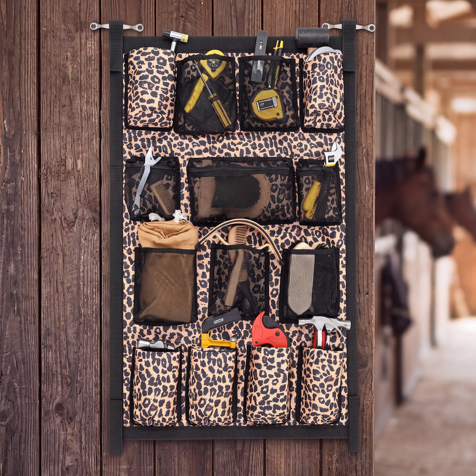 Abbylike Horse Trailer Organizer &amp; Grooming Bag, Large Hanging Door Caddy with Deep Pockets for Spray Bottles &amp; Brushes, Heavy Duty 600D Polyester Tack Storage for Barn Stall, 23" x 39" (Leopard)