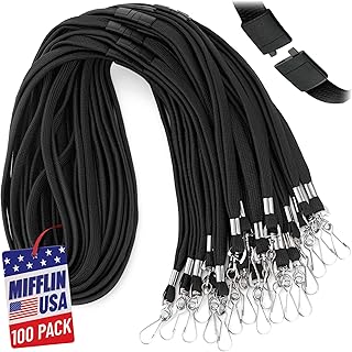 MIFFLIN-USA Flat Breakaway Safety Lanyard for ID Badges (Black, 36 Inch, 100 Pack), Soft Woven Neck Line | Mifflin-USA safety clasp lanyard, 18” standard hanging length, reliable metal swivel J-hook, durable polyester fabric, black