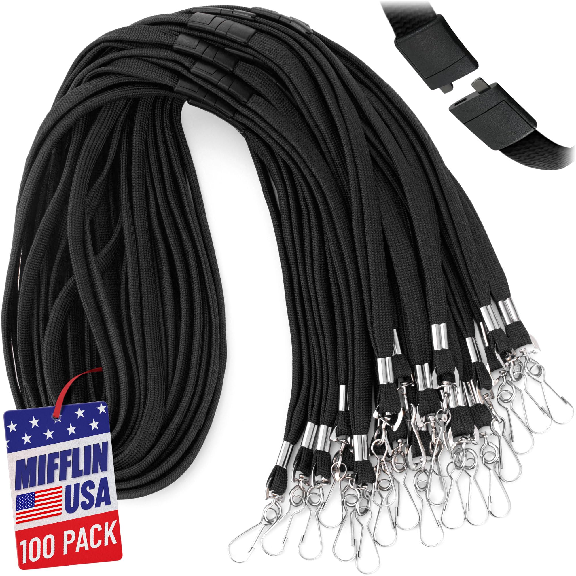 MIFFLIN flat security lanyard id badges large pack neck line soft woven, Black, 250 Pack