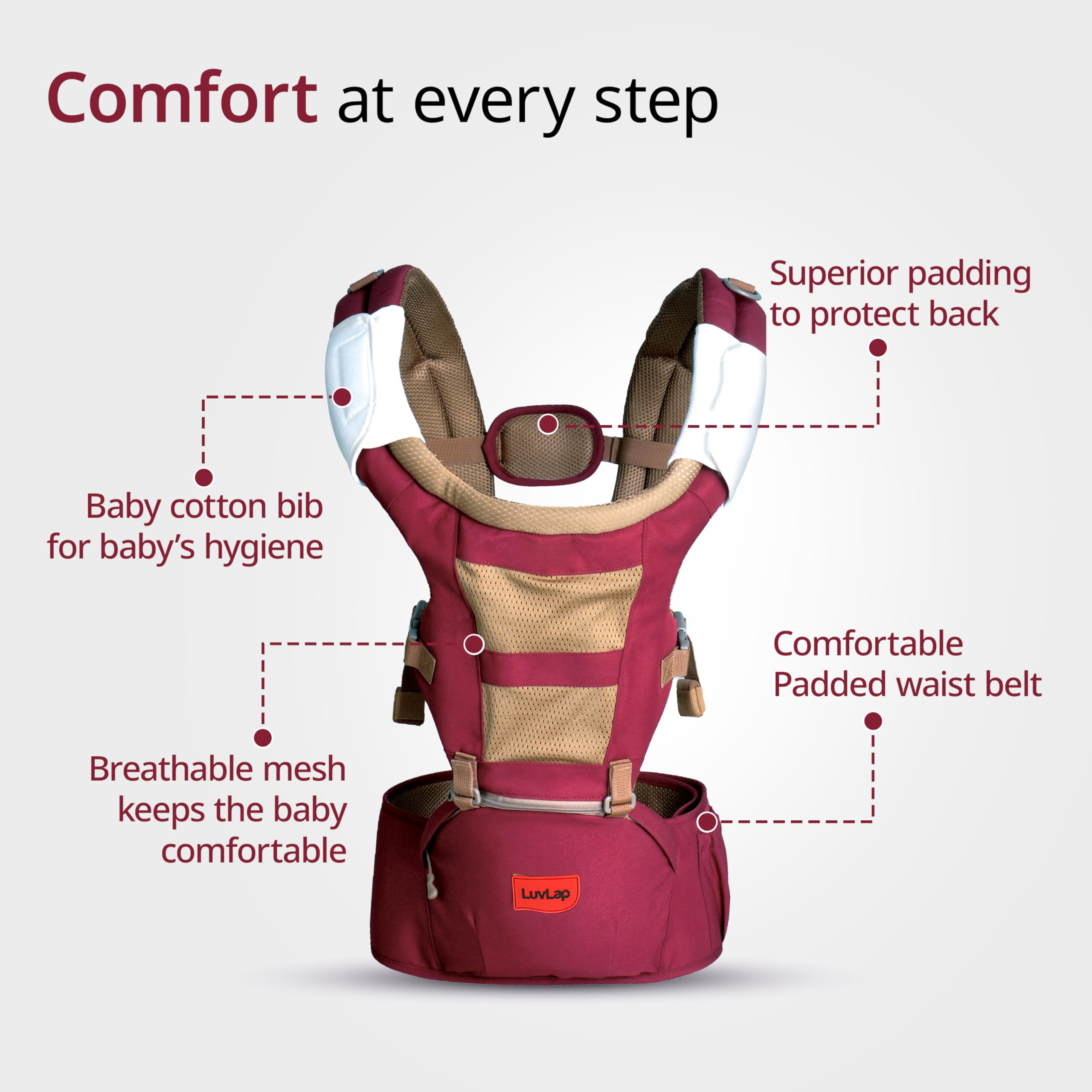 LuvLap Royal Hip Seat Baby Carrier with 4 Carry Positions, Baby Carrier with Hip seat for 6 to 24 Months Baby, Adjustable New-Born to Toddler Carrier, Max Weight Up to 15 Kgs (Purple) 4