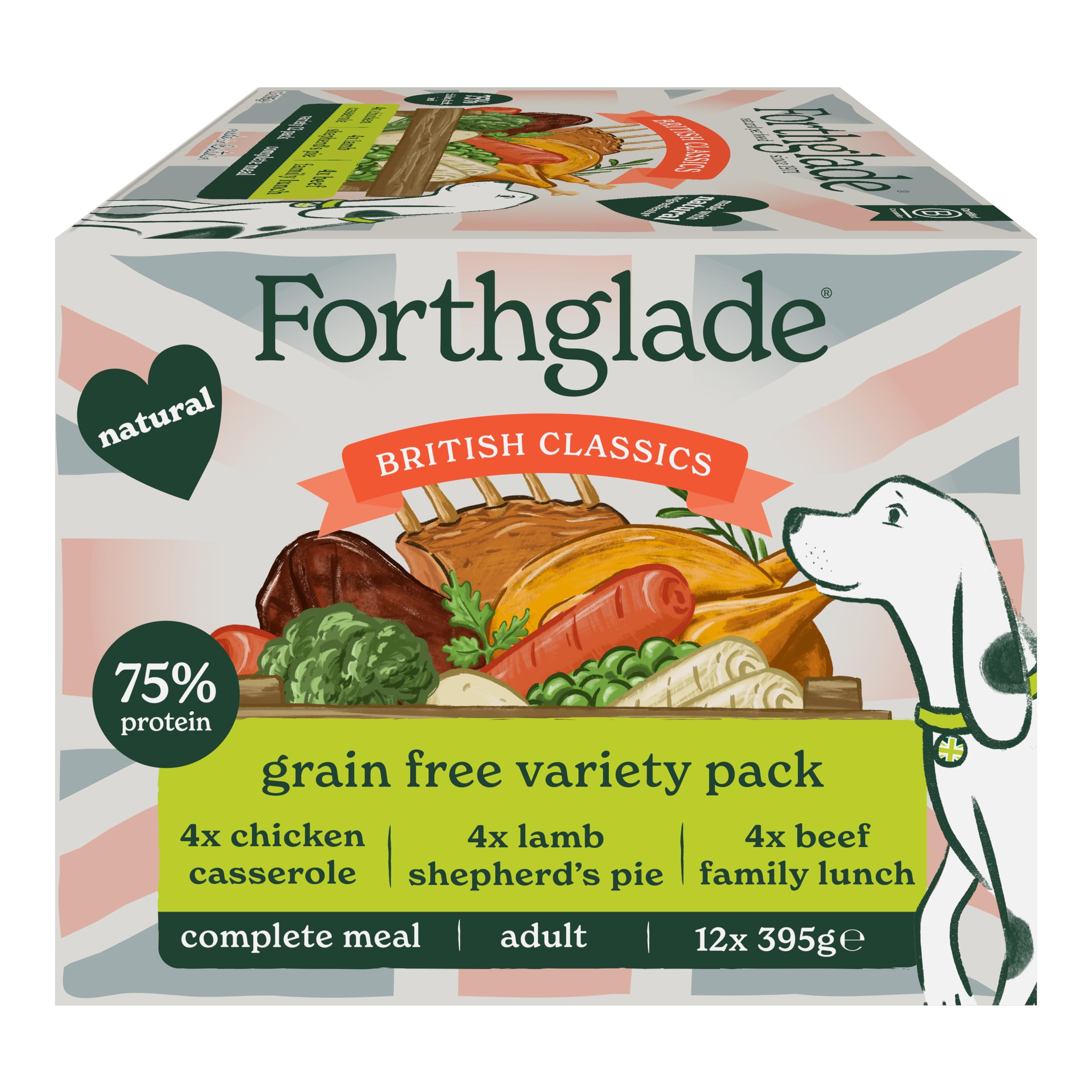 Forthglade British Classics Wet Dog Food Variety Pack (12 x 395g Trays) - Grain Free & Hypoallergenic Dog Food, Adult 1 Year+, Chicken, Lamb and Beef with Vegetables, Stomach Sensitive Meals