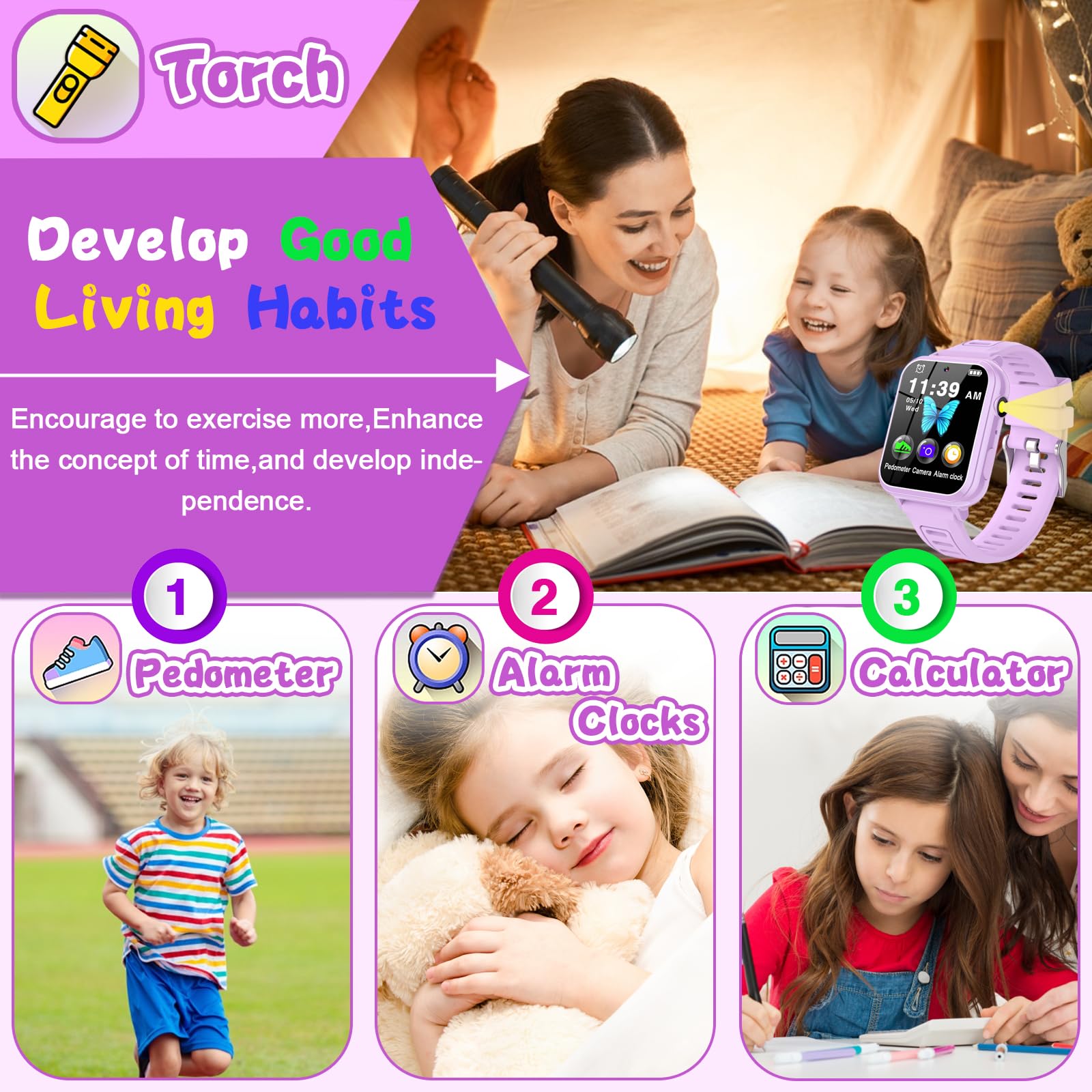 clleylise Reloj Inteligente Niño, Smartwatch Niños con 36 Juegos HD Cámara Alarma Reproductor de Música Podómetro Caloría Pantalla Táctil, Reloj Niño para Niños Niñas 4-12+