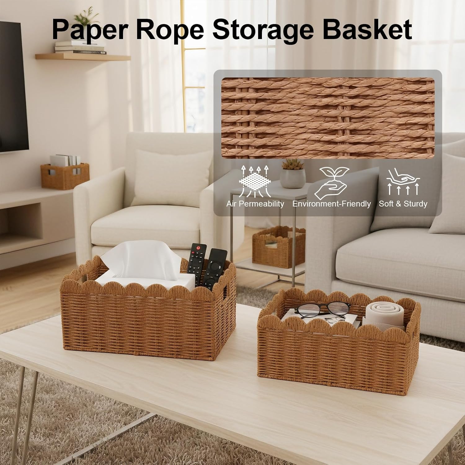 3 Pcs Scalloped Wicker Baskets, Hand-woven Storage Baskets with Built-in Handles, Paper Rope Shelf Baskets for Organizing and Decoration, Brown Basket