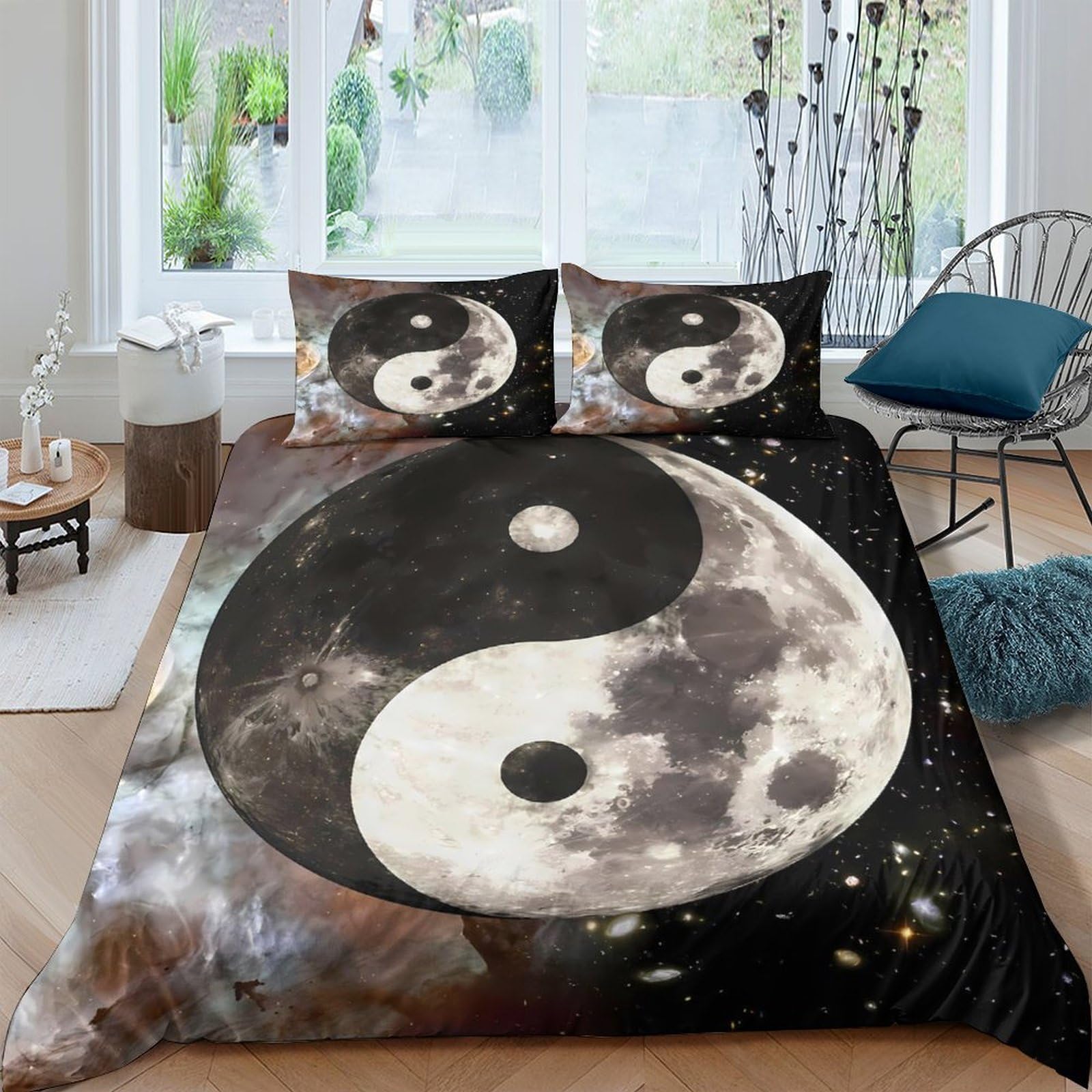 Ctjqhvkz Style-10 3D Printed Moon Yin Yang Fitted Sheet Microfiber Soft Breathable Galaxy Mattress Cover For Bedroom Dorm Decor Single（135X200cm）