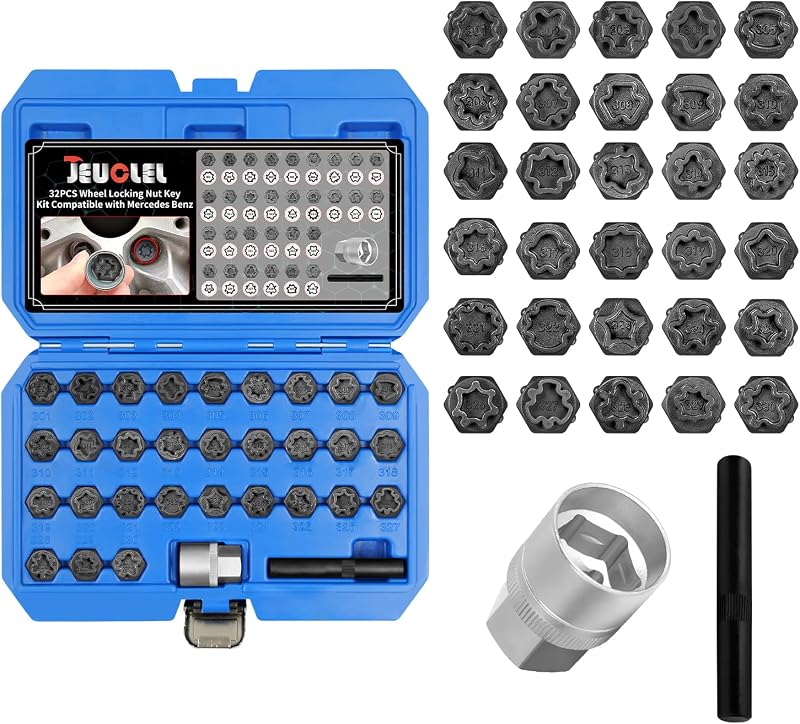 32PCS Wheel Locking Nut Key Kit Compatible with Mercedes Benz | Wheel Lock Nut Socket Adapter Set, Anti-Theft Lug Removal Tool, Anti-Theft Screw Remover, Repair Tool, Tyre Fitting, garage