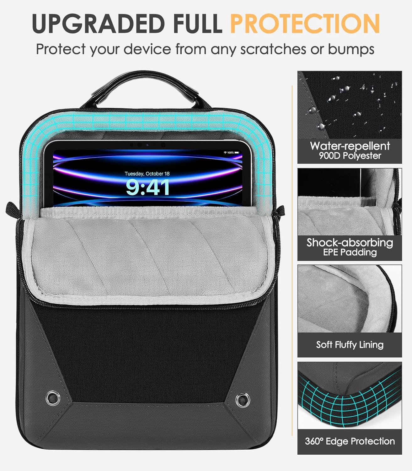 MoKo 9-11 Inch Tablet Sleeve Bag 360° Protetive Carrying Case Compatible with iPad 10th 10.9, iPad Air 5/4th 10.9, iPad 9/8th 10.2, iPad Pro 11, Tab S8/S9 11, with Handle and Shoulder Strap, Black - Image 4