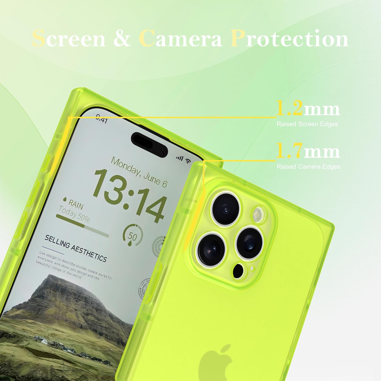 IAIYOXI Rectangle Matte Case for iPhone 14，6.1-inch, Full Camera Protection & Reinforced Corners with TPU Cushion,Clear Case Slim Shockproof Phone Cover for Women Girls, Yellow image 3