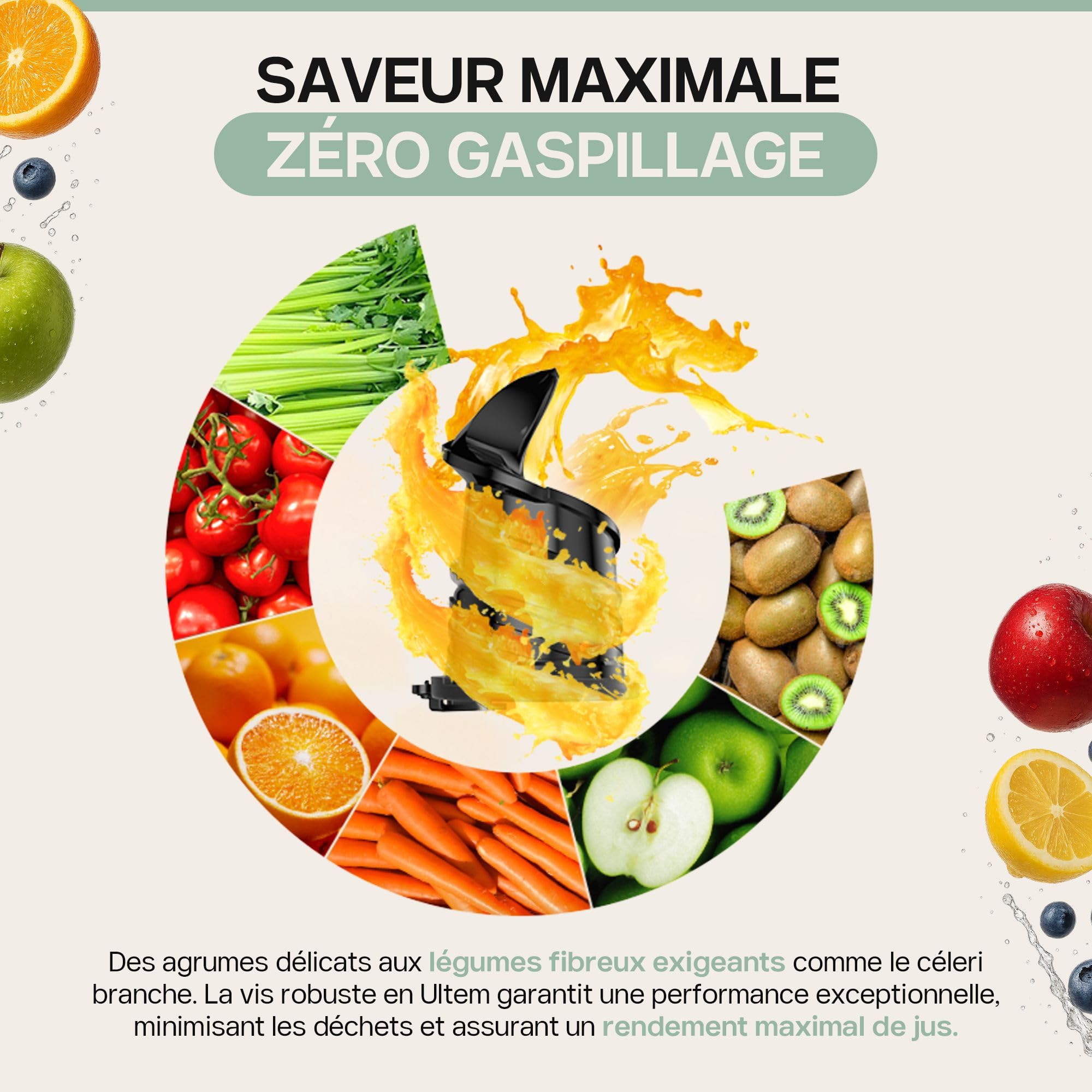 Centrifugeuse Extracteur de Jus 135 mm, Masticating Juicer 0,5L, 37 tr/min, 4SWISS