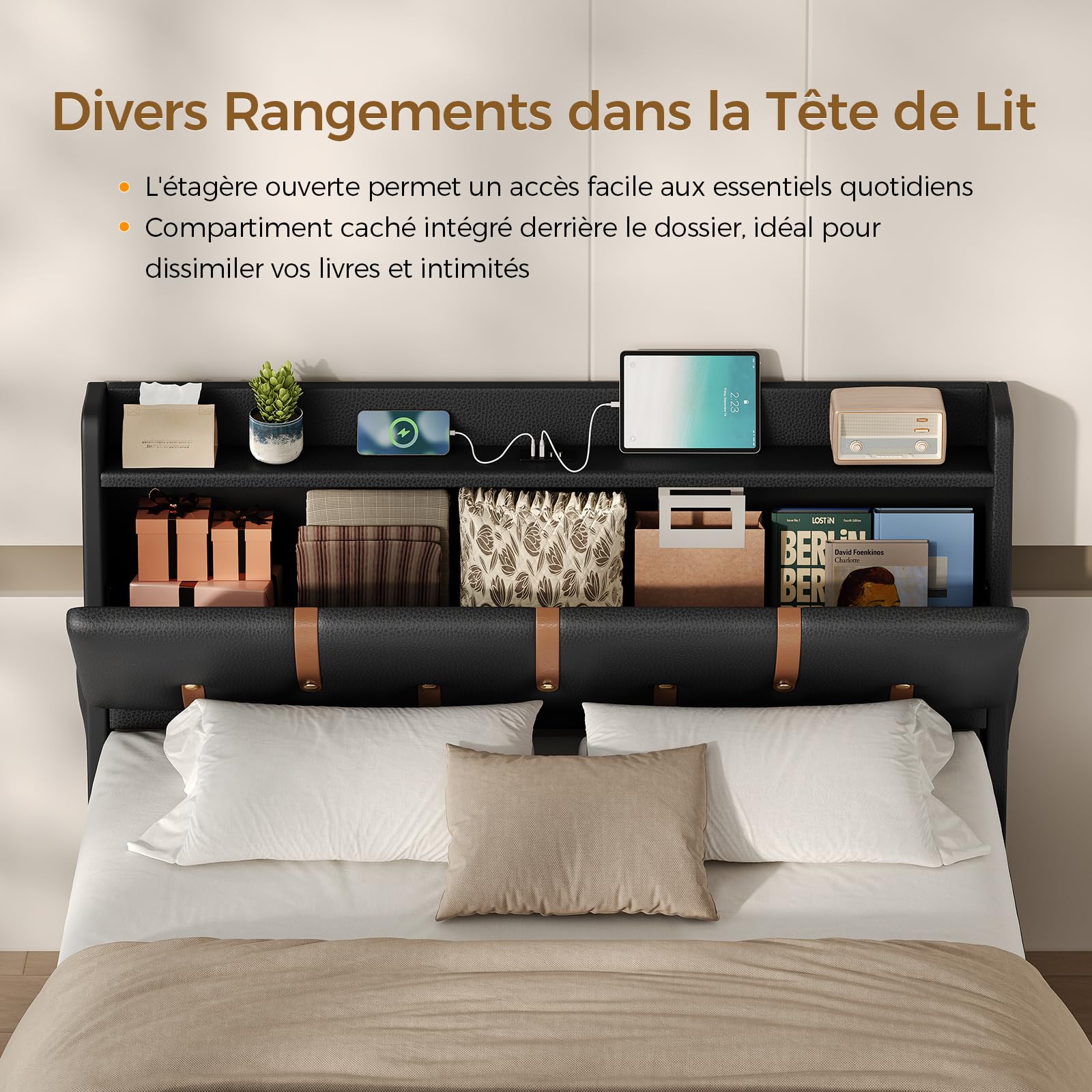 KIMENICH Lit 140x190 avec Sommier à Lattes en Bois, Lits 2 Personnes avec Multiprise, Tête de Lits Capitonnée avec Compartiment Caché et Étagère Ouverte, Cadre de Lit 140x190 Rembourré, PU Noir