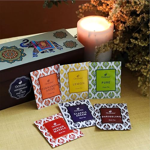 Miniatura 4 de Octavius Té surtido  6 tés negros y verdes surtidos  60 bolsitas de té  Paquete de muestra de té de madera  Diseño estampado de elefante  Juego de