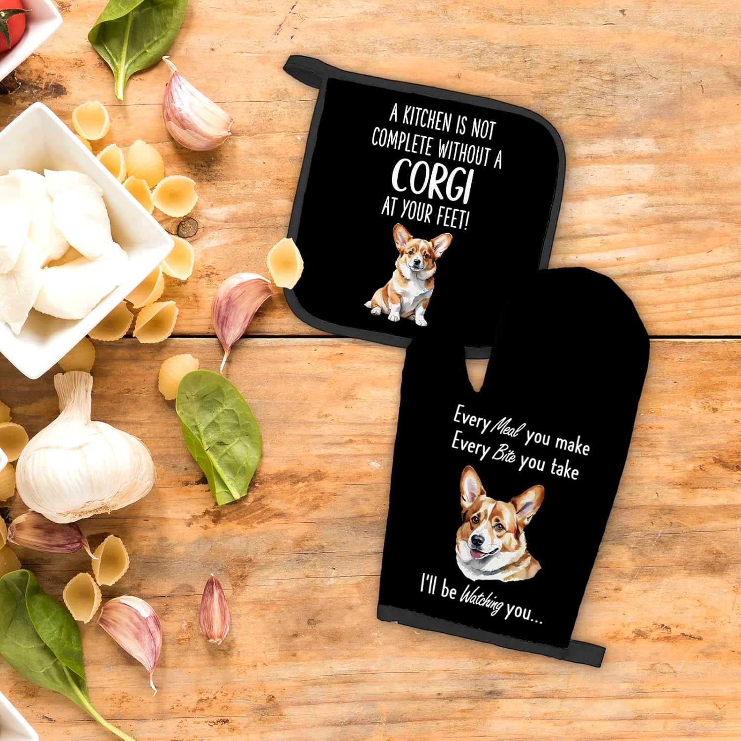 Corgi Gifts Dog Oven Mitts and Pot Holders Sets, Corgi Gifts for Corgi Lovers Kitchen Accessories Sets, Complete Without a Corgi Dog Black Heat Resistant Oven Glove Potholder for Kitchen Baking - Image 2