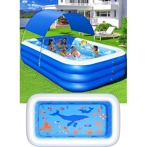 Inflatable Pool with Canopy,Upgraded Inflatable Swimming Pool for Kids,Adult,Large Inflatable Blow up Pools,Ocean Theme Oversized Thickened 100"x63"x22"Inflatable Family Pools for Backyard-Blue