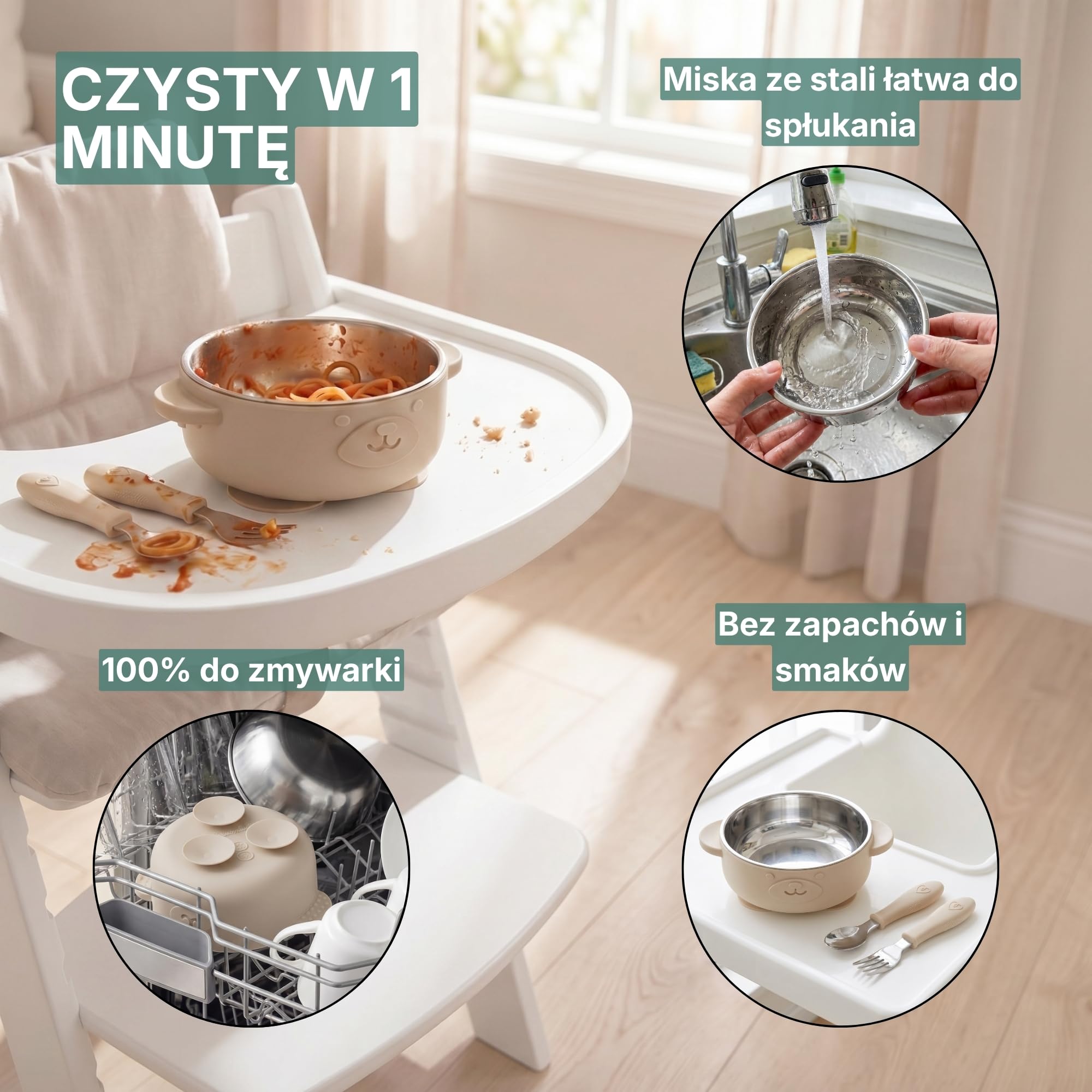 Miseczka Dla Niemowląt Stal Przyssawka 2 szt Sztućce Beż/Róż | Miseczka z przyssawką i sztućcami. 3 naklejki do mocowania. Bez BPA. Od 6 miesięcy. Do zmywarki.
