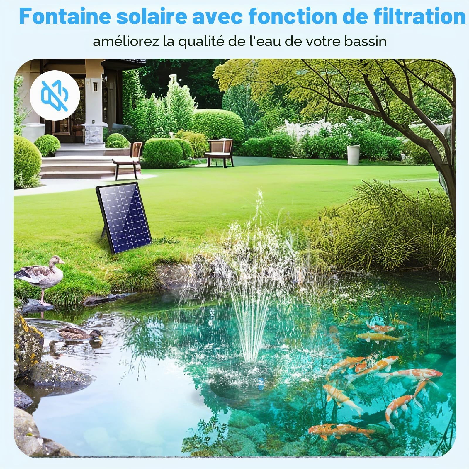 POPOSOAP Filtre de bassin solaire avec fontaine, fontaine solaire 8W avec système de filtration, 8 modes de pulvérisation et batterie de secours de 3600mAh, pour petits bassins extérieurs, abreuvoirs