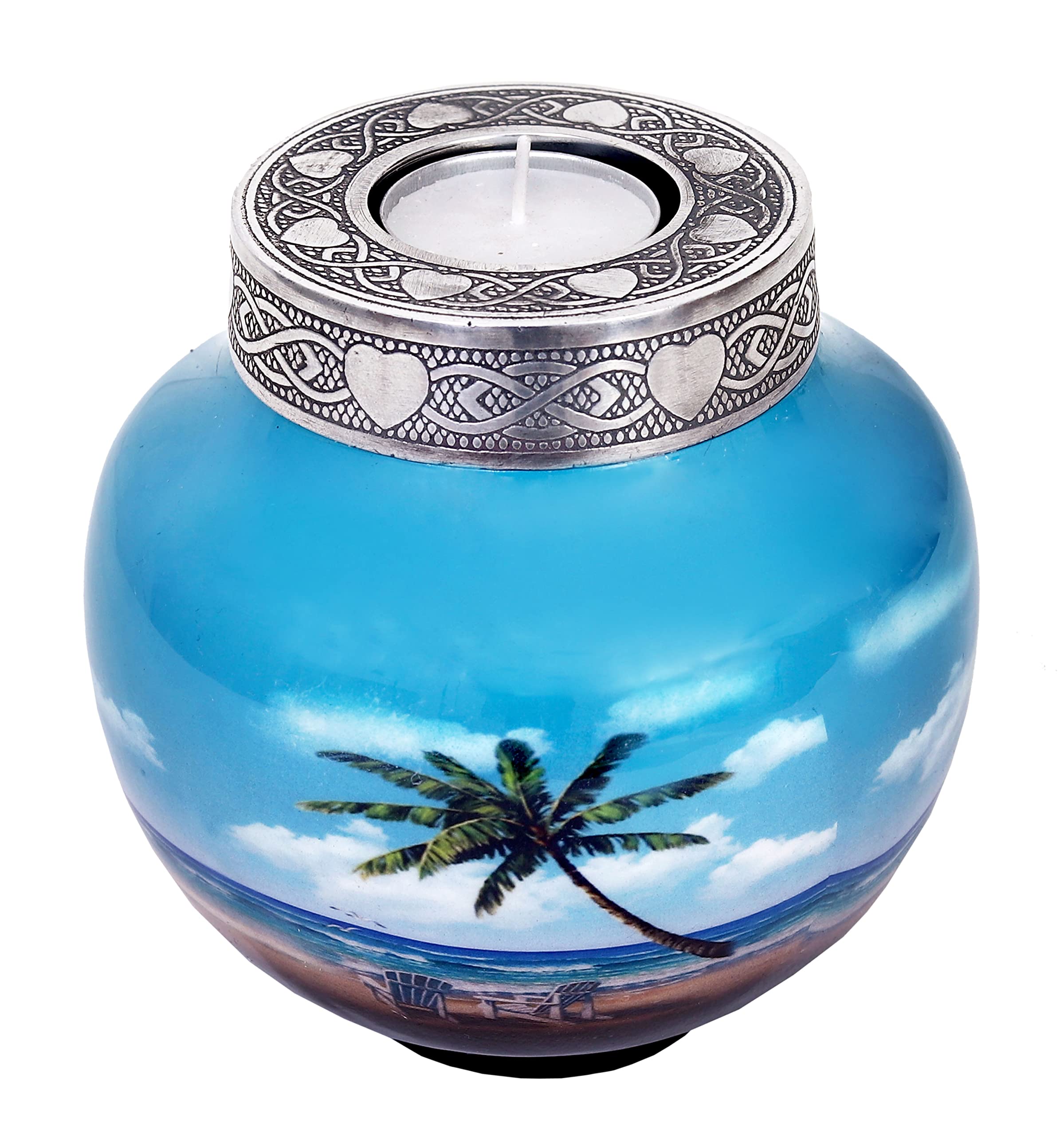 Urna Per Ceneri HLC 'Incantevole Spiaggia Con Palma' Blu - Media, In Alluminio, 15x12,7 Cm, Per Umani Fino A 68 Kg O Animali