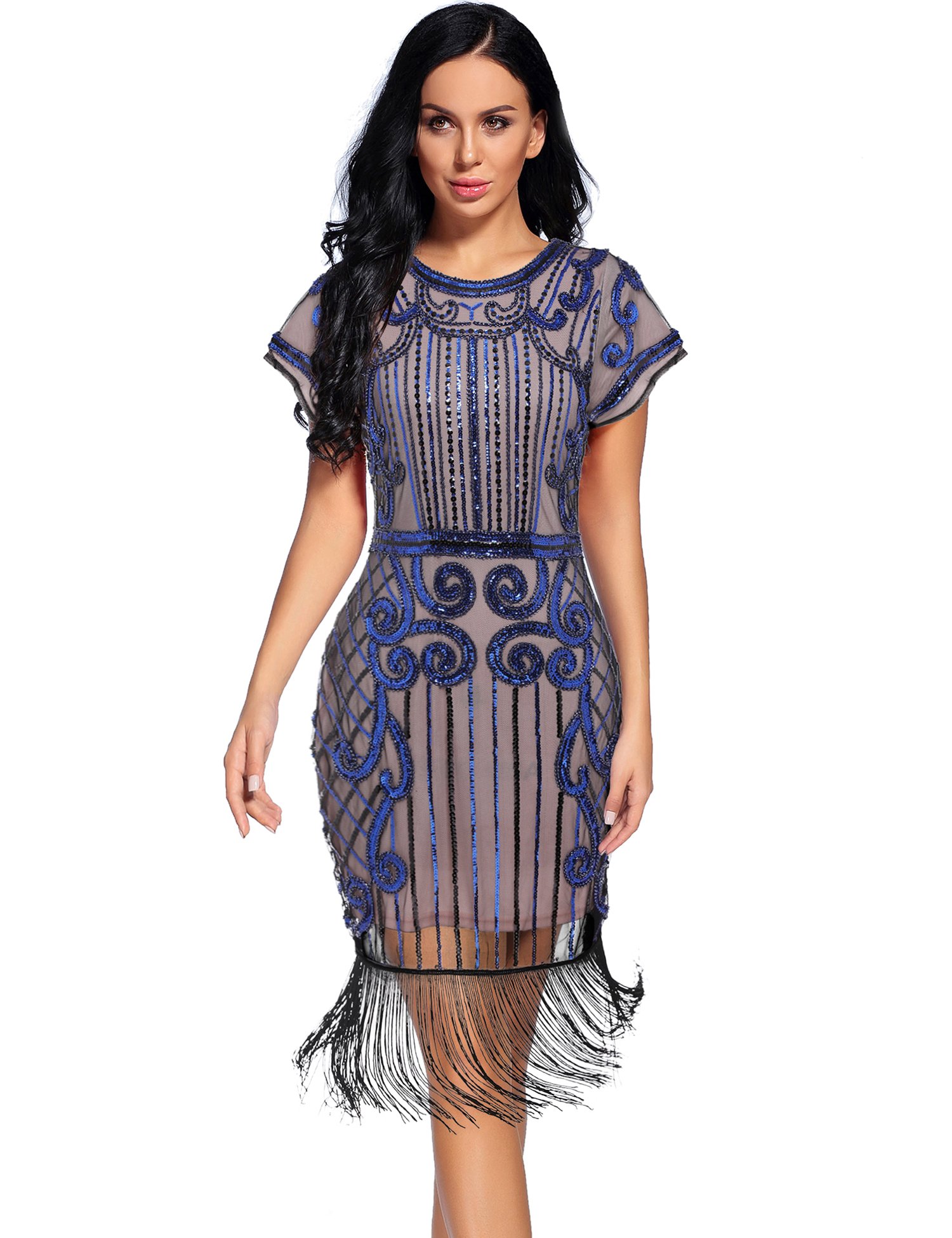 Women's Flapper Dress 1920s Gatsby Sequin Fringe Short Sleeve Cocktail Dresses