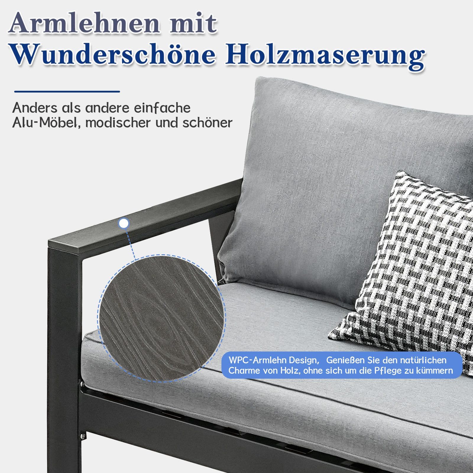 LANOX Balkonmöbel Gartensofa 2 Sitzer aus Aluminum, 134,5×75×74 cm, inkl. Sitz- und Rückenkissen, Wetterfest Gartensofa für Balkon Terrasse Garten, Grau