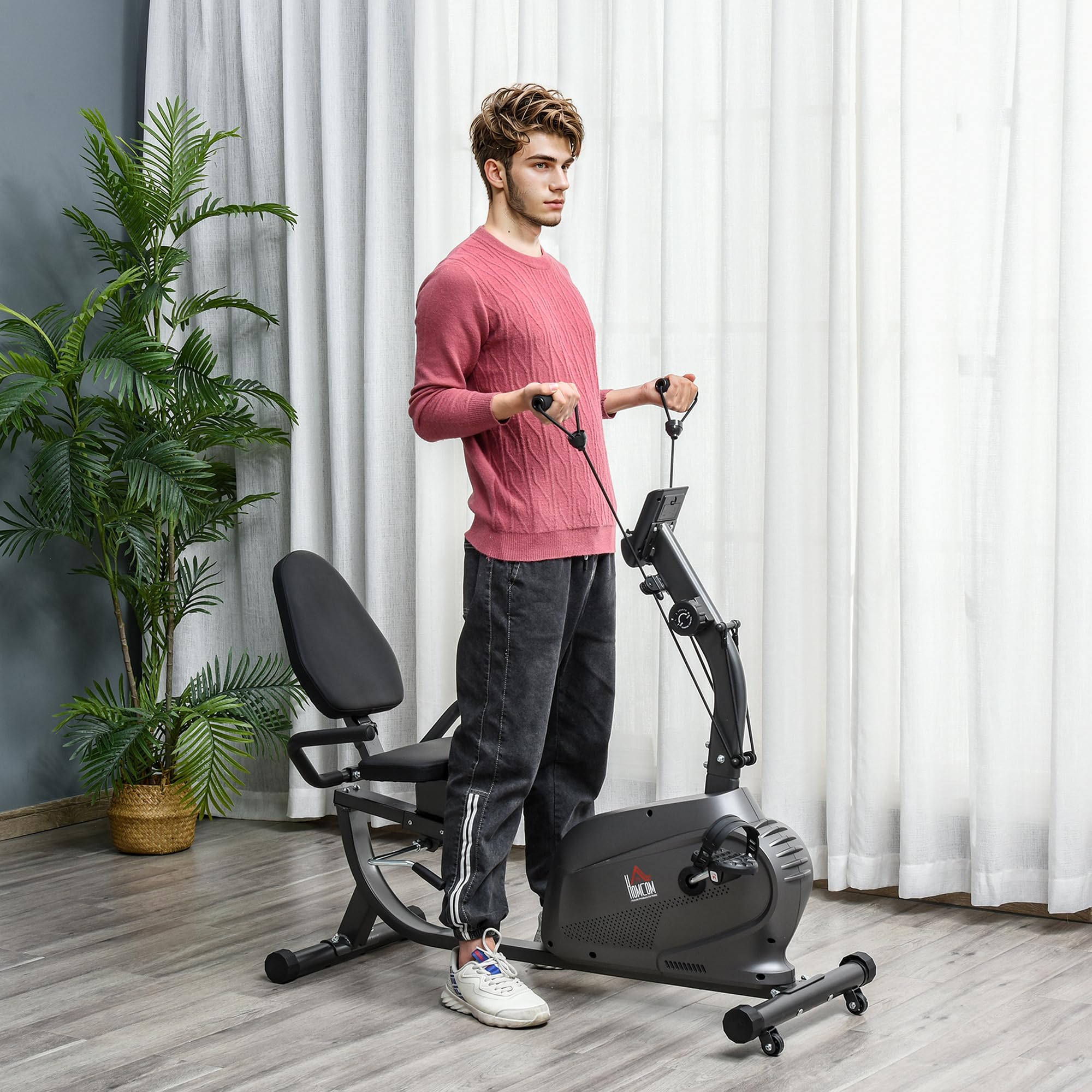 HOMCOM Cyclette Orizzontale con 8 Livelli di Resistenza e Seduta Regolabile, Cyclette Magnetica Professionale con Corde Elastiche e Porta Cellulare, Display LCD, per Riabilitazione Casa Anziani