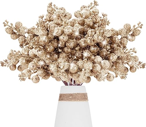 16 tallos de bayas artificiales con purpurina, púas de Navidad esmeriladas de 9 pulgadas, ramas de bayas de acebo con purpurina para rellenos de